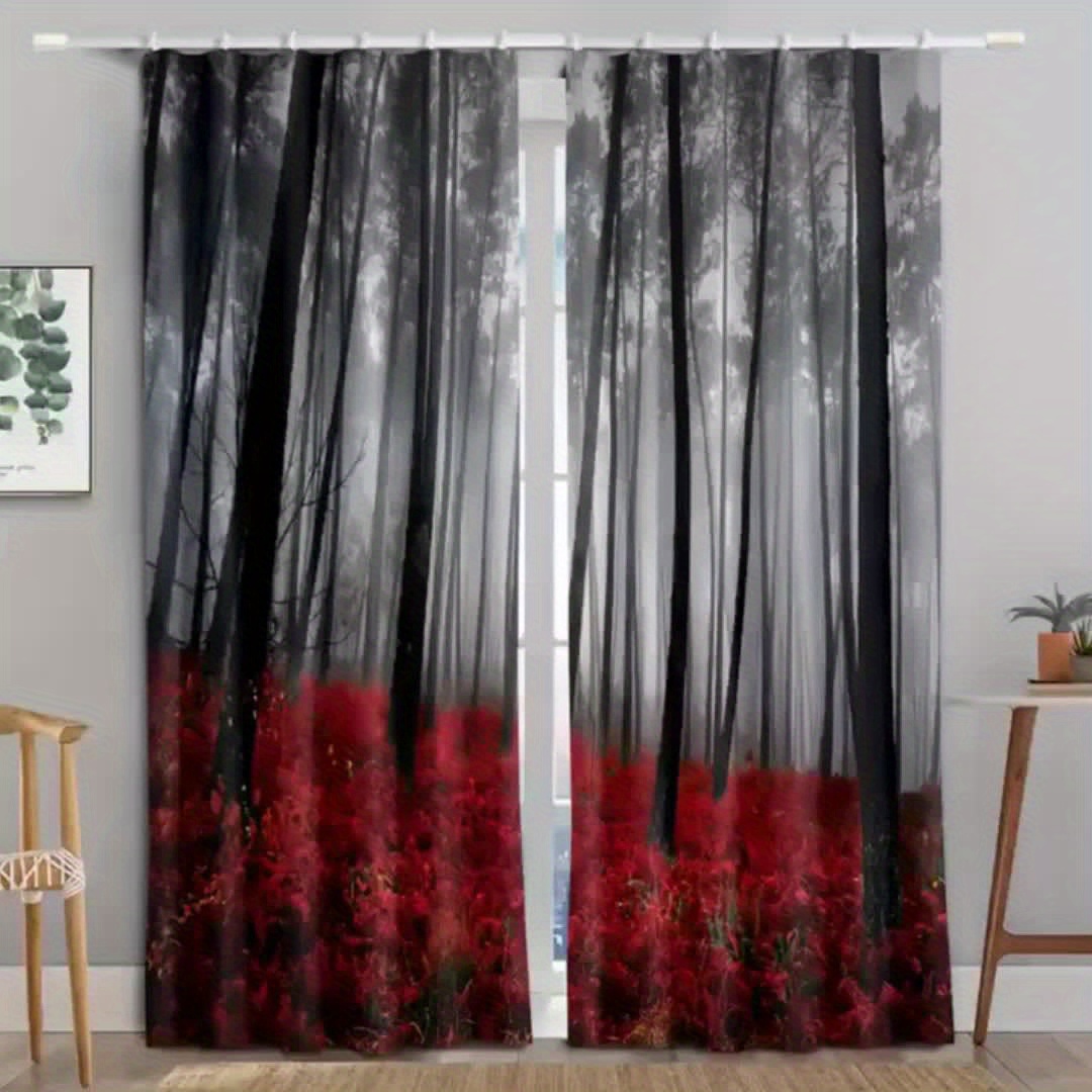 Cortinas Bosque Rojo Negro Cortina Estampada Hojas Bolsillo - Temu