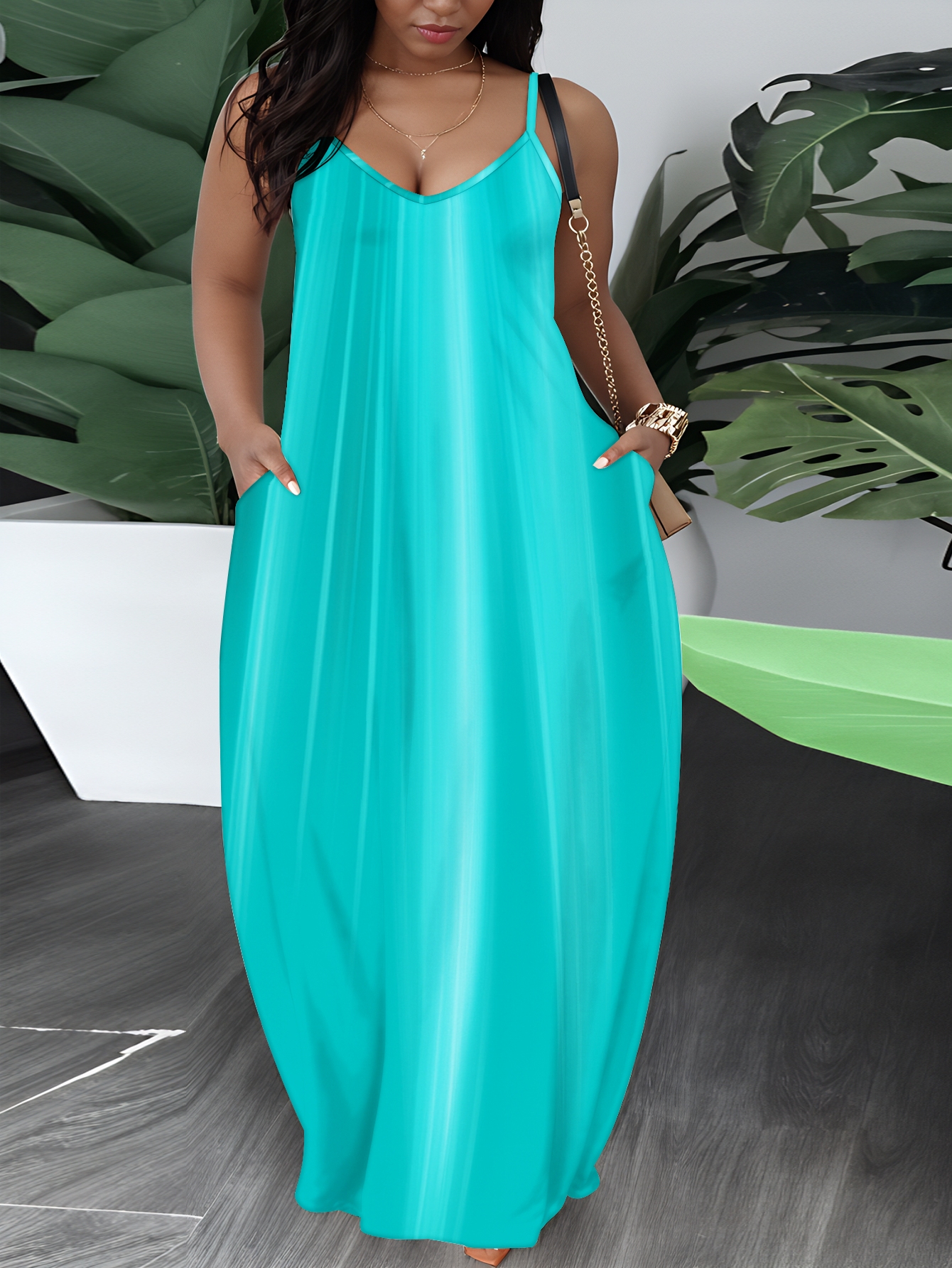 Plus Size, Turquoise Maxi Dress with Side Pockets for Beach And Summer *