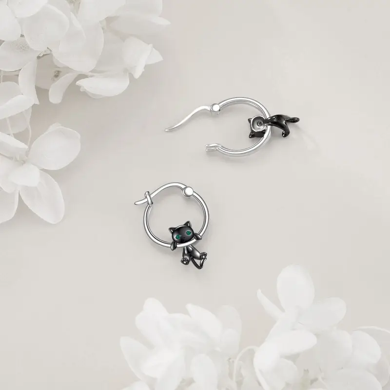 925 sterling silvery black cat ear dangle earrings cute cartoon hypoallergenic synthetic stone no power needed daily wear gift cat accessories casual jewelry minimalist jewelry durable jewelry Product details 1