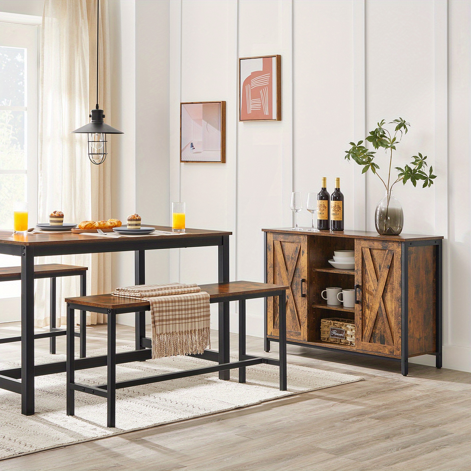 TEMU Banc de salle à manger, cadre en acier, paire de 2, style industriel, pour cuisine, salon, 12.8 X 42.5 X 19.7 pouces, marron rustique + noir