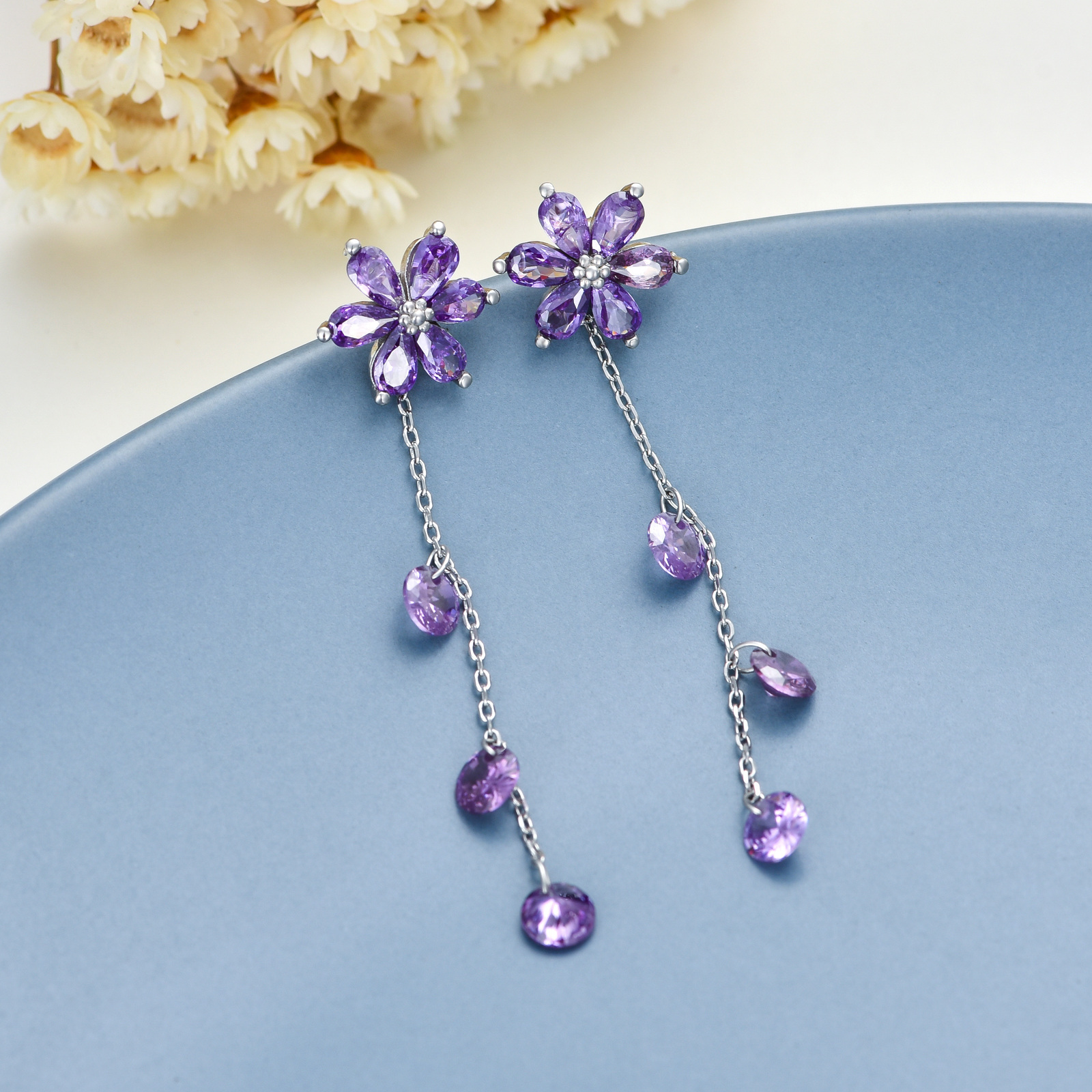 Silver Flower Drop Earrings Purple Floral Dangly Earrings for Women