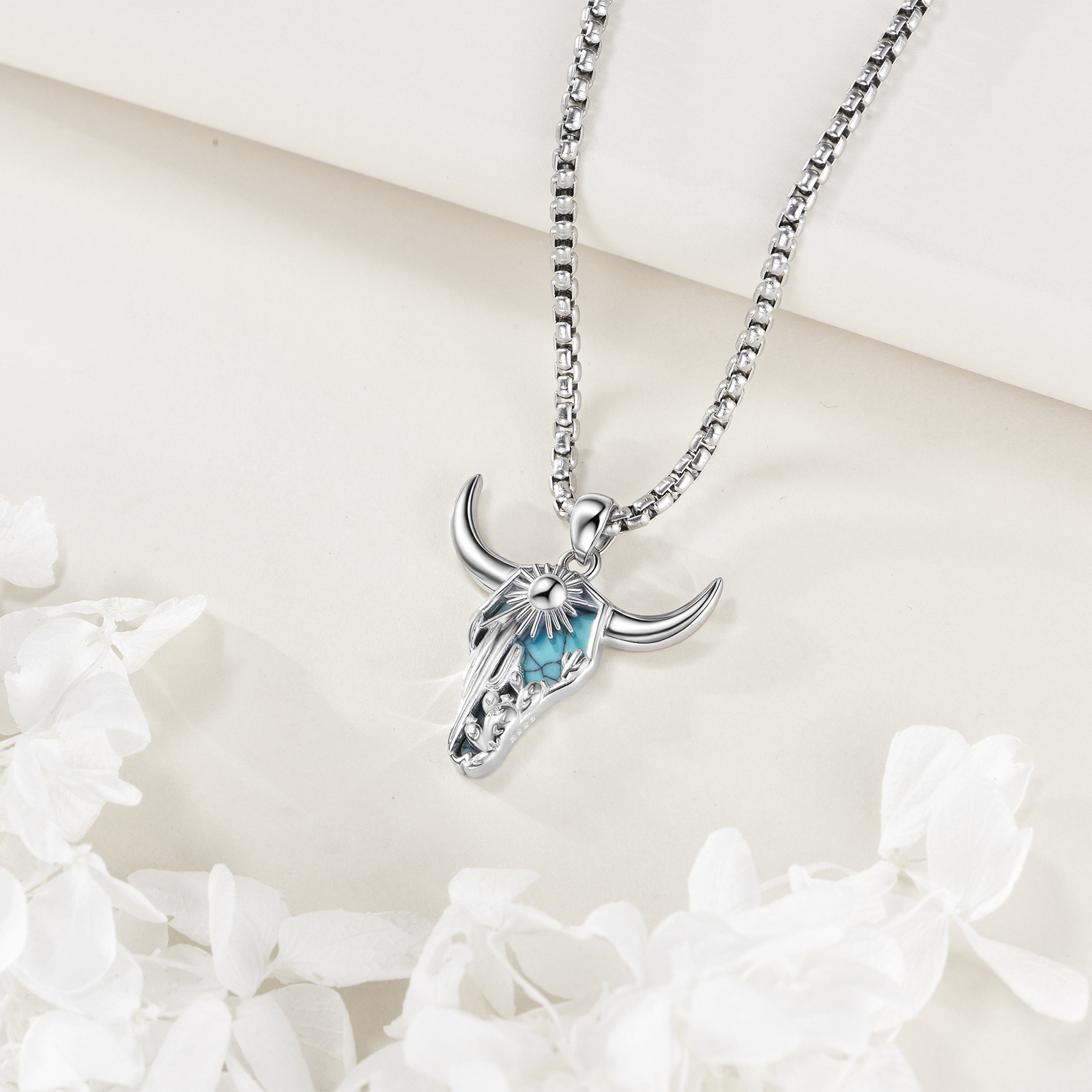 Women's 925 Sterling Silver Cow Skull & Cactus Pendant Necklace
