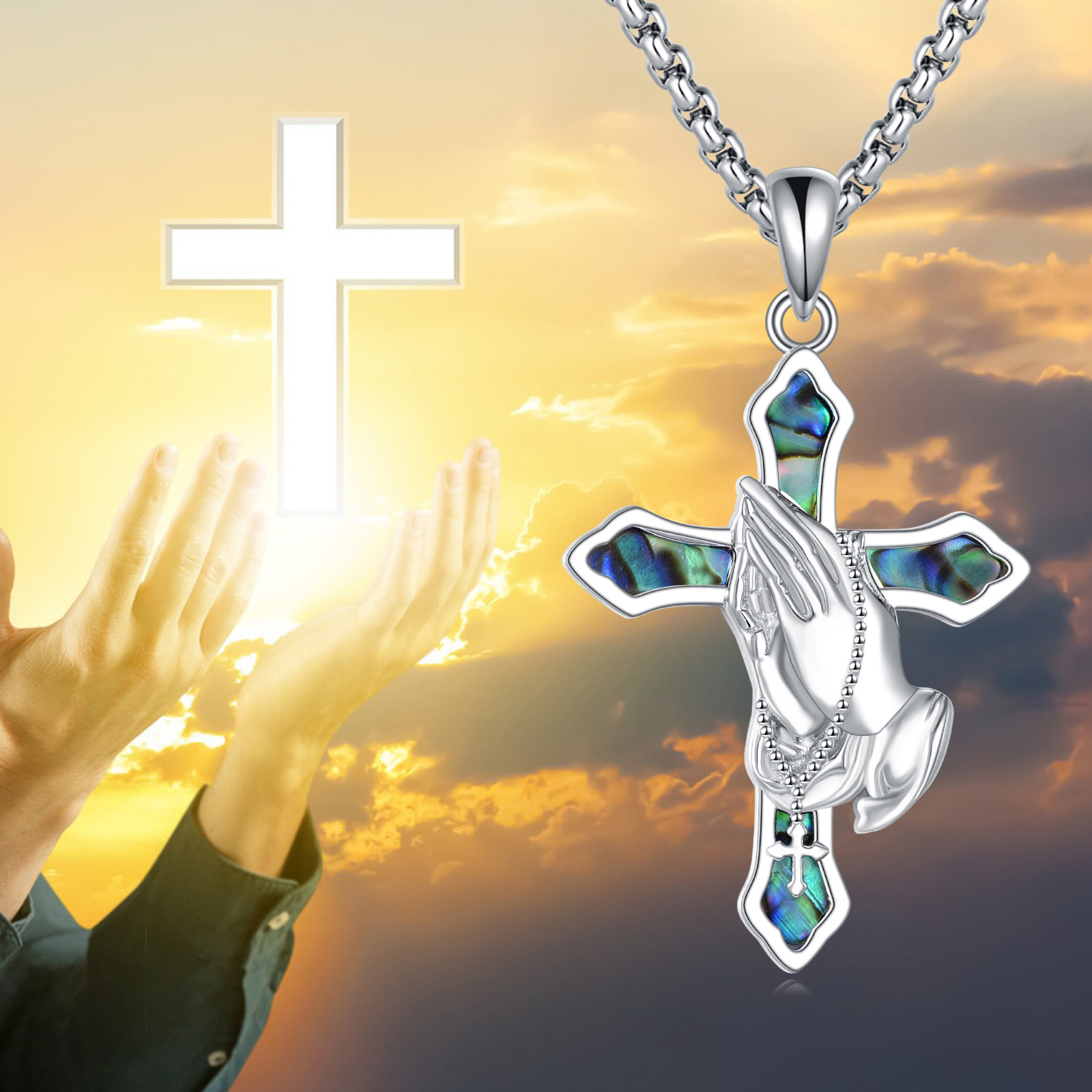 Praying Hands Cross Necklace Sterling Silver Abalone Pendant for Women