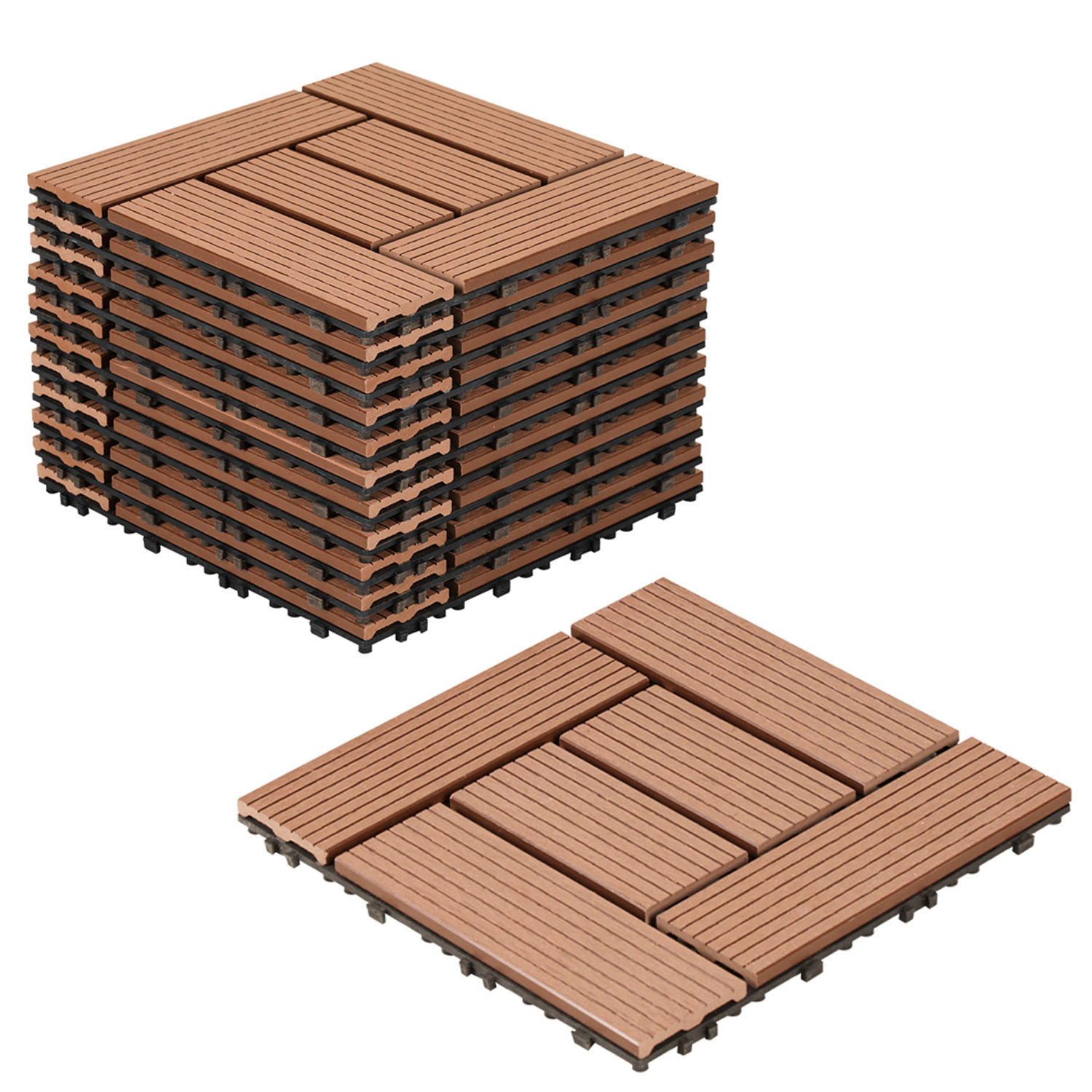 Image of Wpc Terrace Tiles, 30x30 Cm, 11pcs For 1m², Brown Wood Look, For Garden Balcony Flooring With
