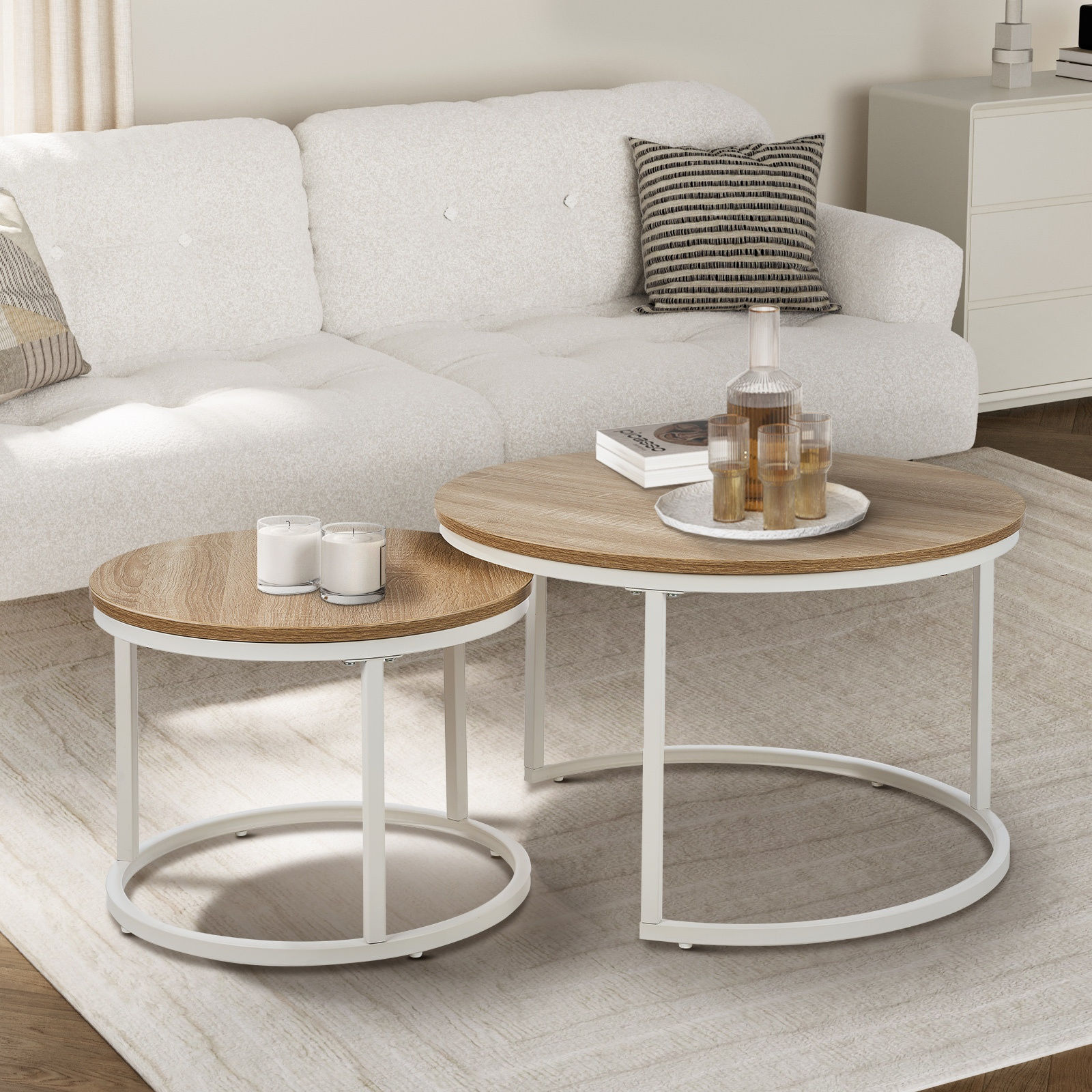TEMU Set Of 2 (1 Large + 1 Small Table) Modern Round Nesting Coffee Tables With Natural Wood Tabletop & White Metal Base - Heavy-duty Space-saving