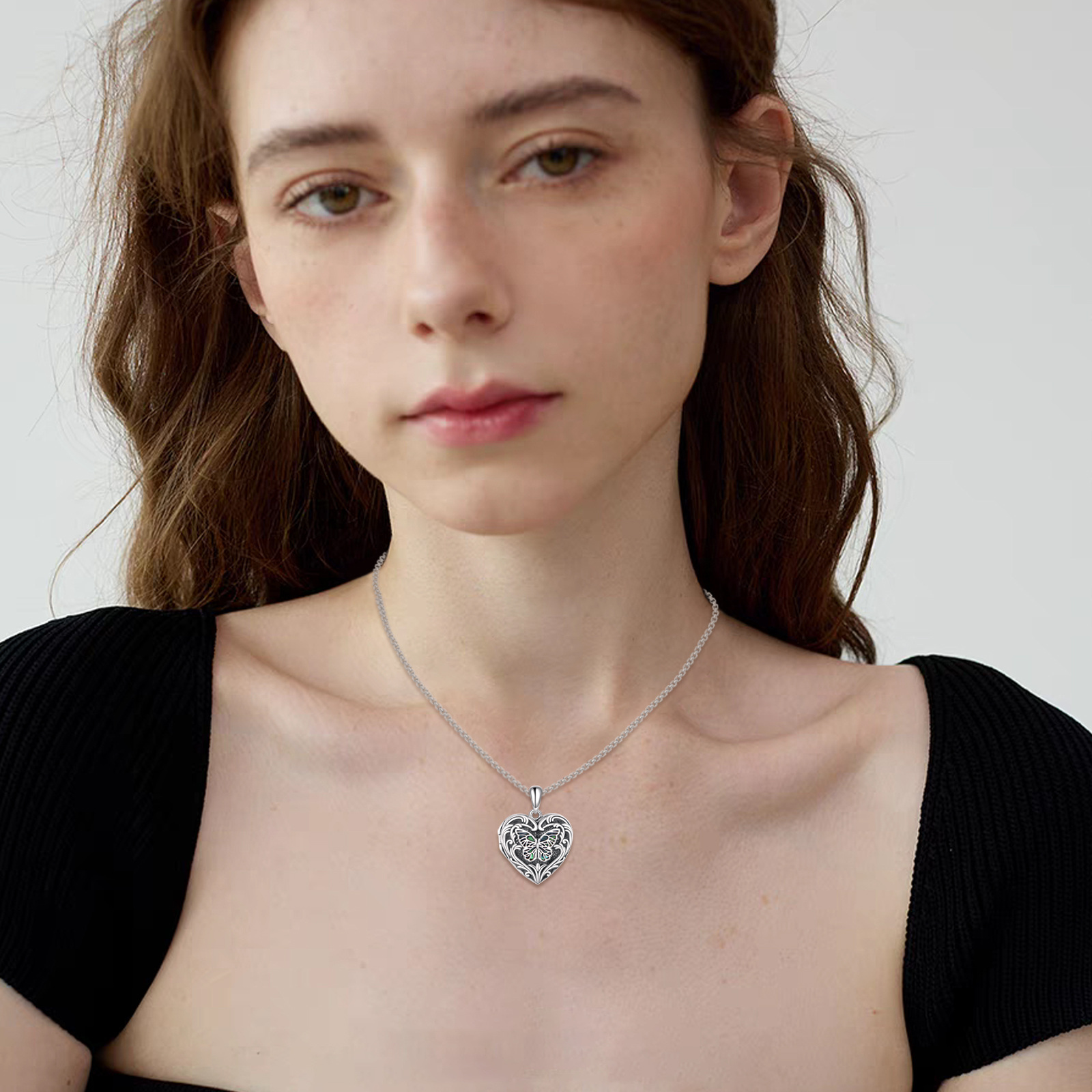 Sterling Silver Butterfly Heart-Shaped Locket Necklace