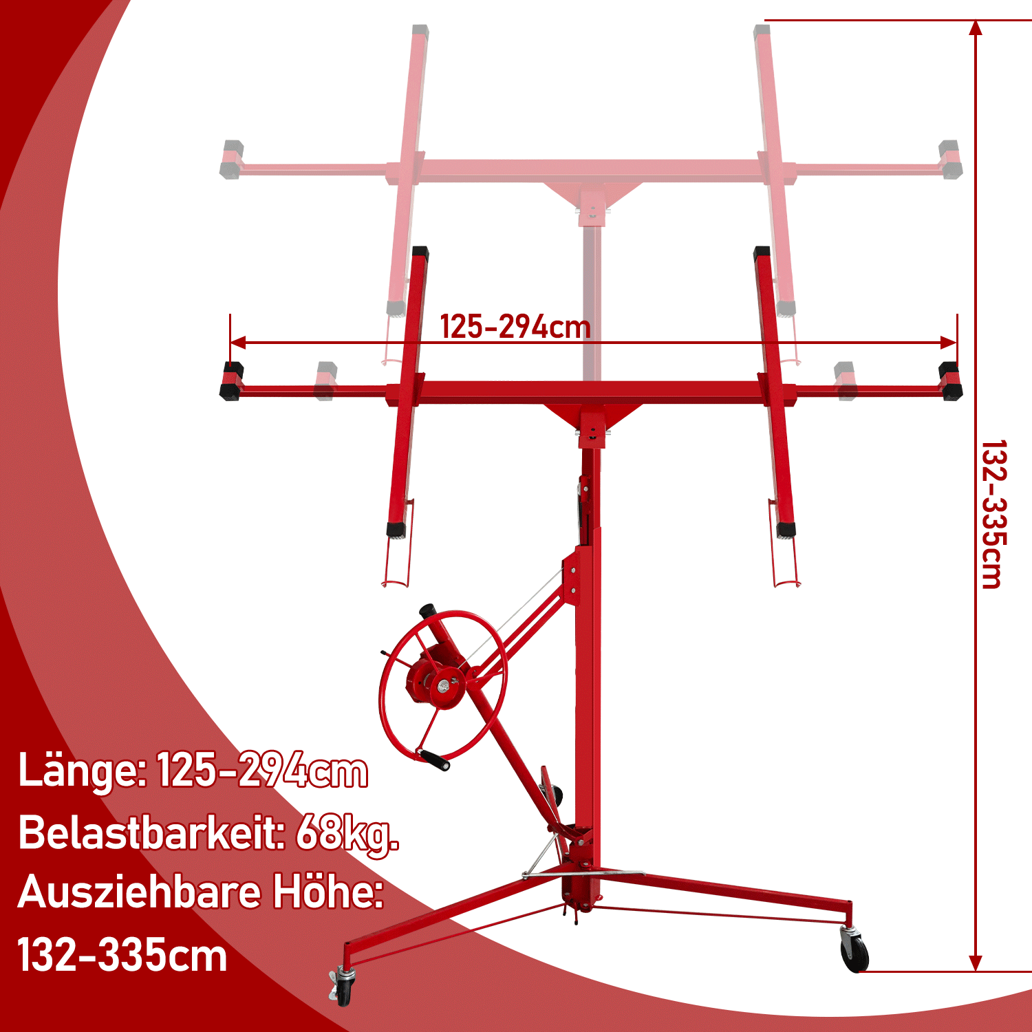 Folding Panel Lifter Xxl, 140 Cm-350cm Working Height, Height-adjustable, 68kg Load Capacity, Max. 290cm Load Arm Width For Plasterboard (black/blue/red)