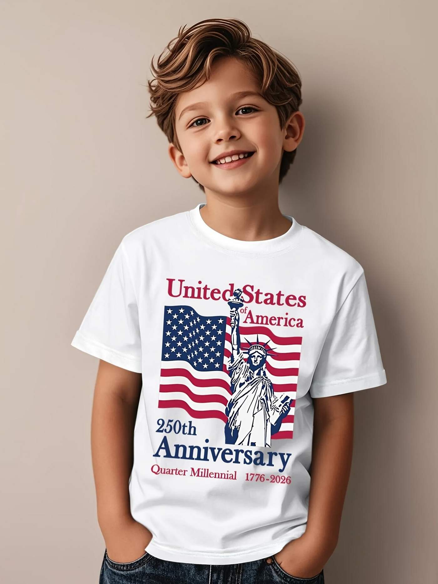 1pc   kids statue of   and american flag print white t shirt crew neck casual tee medium stretch knit fabric regular fit for boys girls children alphabet pattern