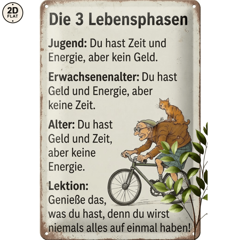Image of 2d Flat - 1pc Metal Sign. Phases Of Life Youth Adulthood On Bicycle With Cat Sign Perfect For Home, Office, Bar, Outdoor Decor 20x30cm 2d Flat