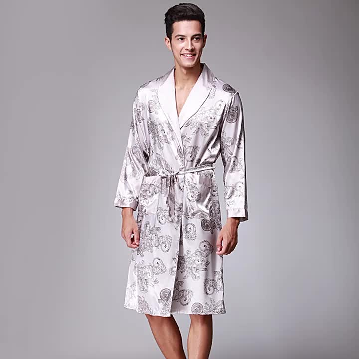 Men's Satin Floral Print Belted Sleep Robe, Imitation Silk Printed