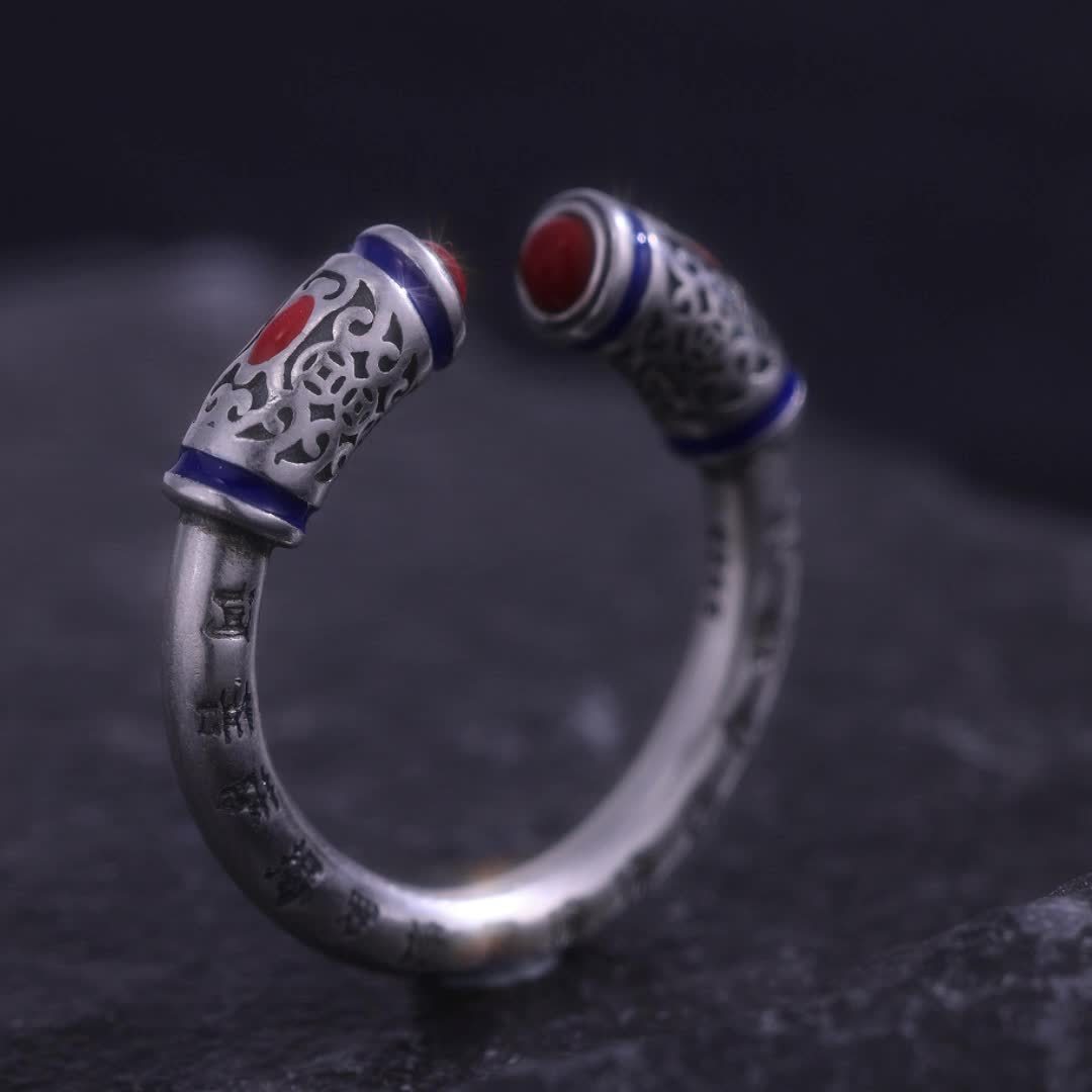 S925 Silver Retro Red Agate Heart Sutra Open Ring