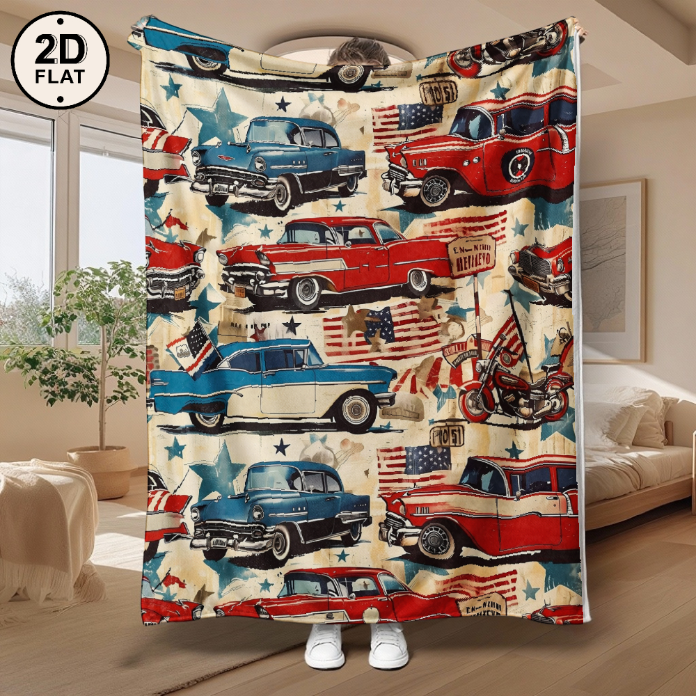 TEMU 1pc Vintage Cars Flannel Blanket Love Gift Theme 280gsm Small Throw Blanket 2d Printed Summer Lightweight Nap Blanket, Suitable For Dormitory,