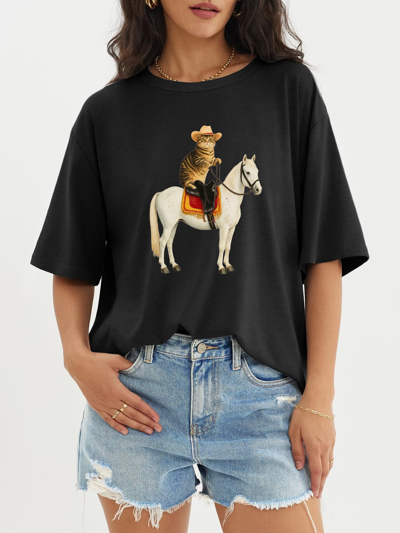 women's casual cat riding horse graphic t shirt whimsical - Temu