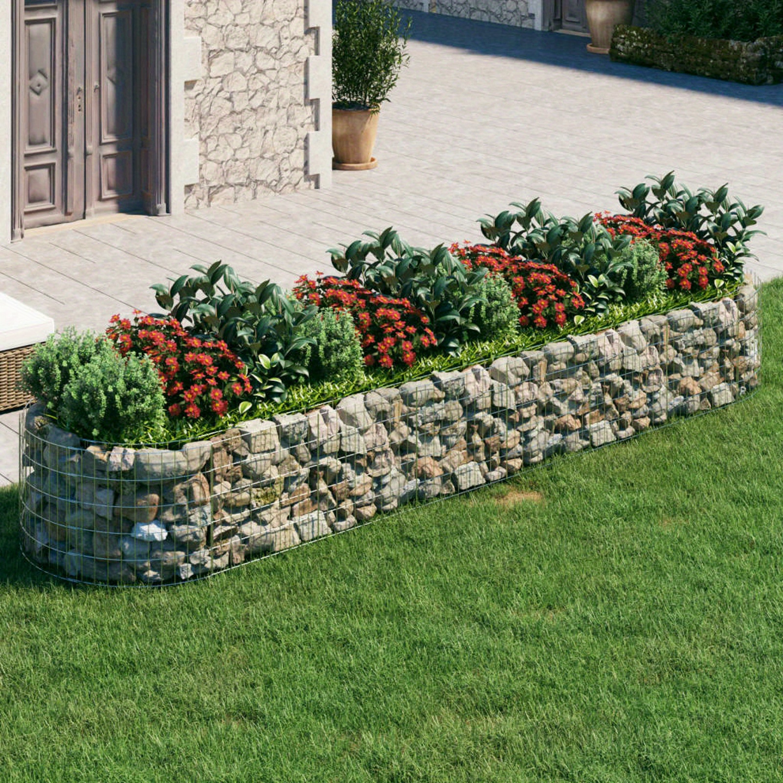 Contemporary Metal Raised Bed Planter, Rectangular Galvanized Iron Stand With Multiple Components For Patio - 400x100x50cm, Outdoor Gardening|rectangular |stone Mesh Design