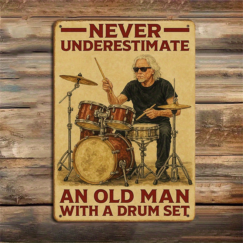 TEMU 2d Flat, 1pc Vintage Drummer Musician Wall Art - Retro Drummer Playing Drums Metal Sign, Iron Hanging Plaque With Wall Mount, 8x12 Inch Classic