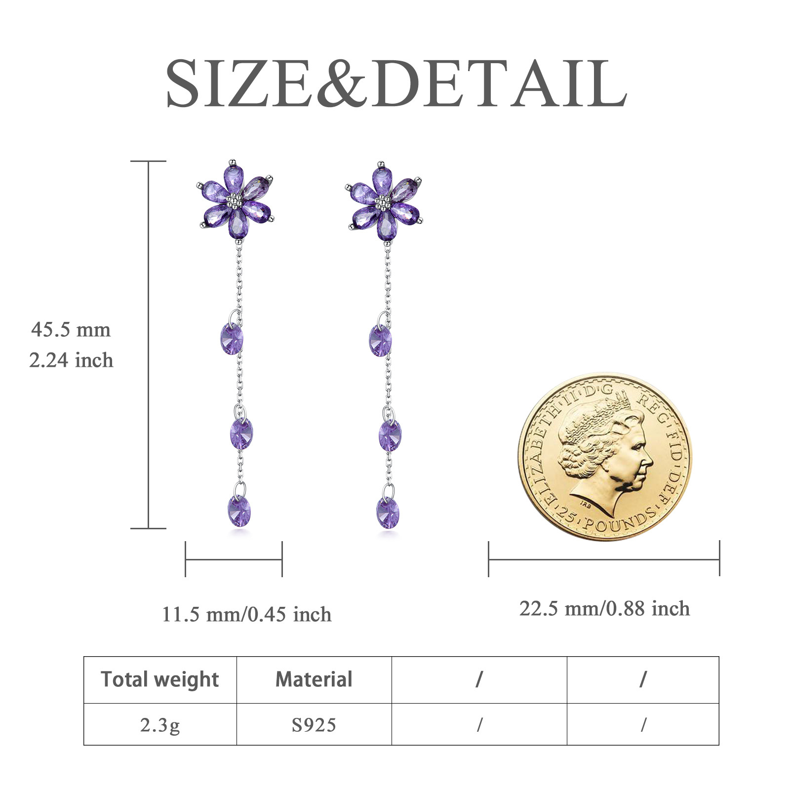 Silver Flower Drop Earrings Purple Floral Dangly Earrings for Women