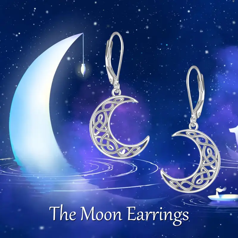 womens celtic style moon earrings 925 sterling silvery crescent pendant jewelry with intricate star patterns casual attire or gifting moon jewelry Product details 3