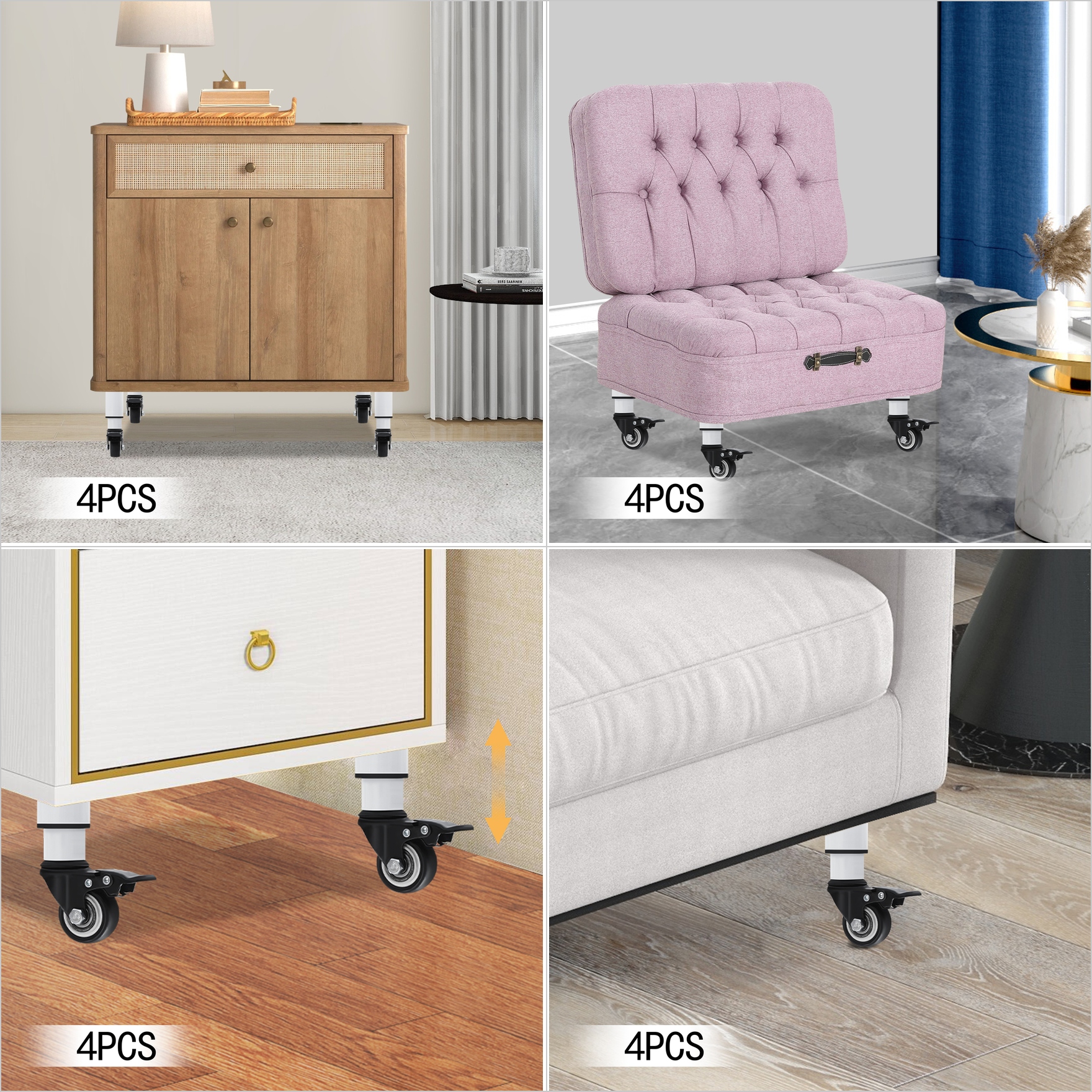 4pcs White Adjustable Height Table Legs With Casters 260mm Mobile Furniture Feet Rolling Base, Furniture Feet, Decoration, Suitable For And Furniture, Cold-rolled Steel, White