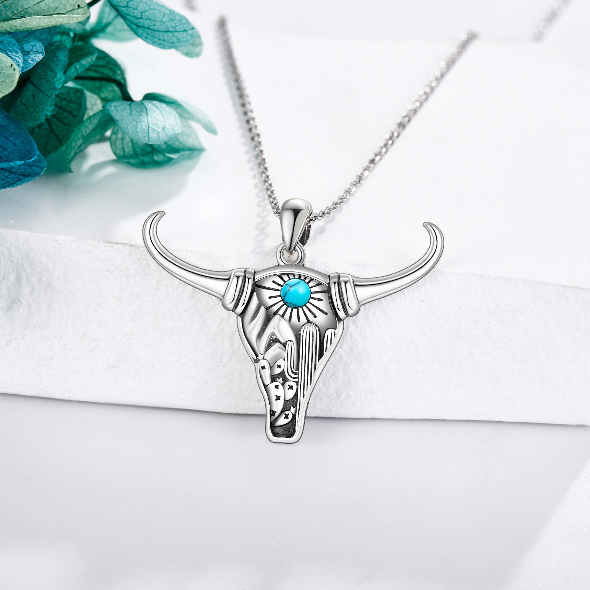 925 Sterling Silver Bull Necklace with Synthetic Turquoise, Unisex Gift