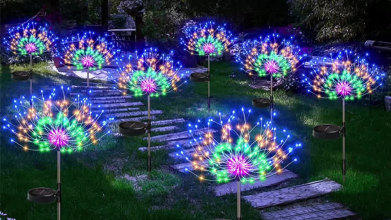 Rirool 2 Pcs Solar Firework LED Lights, Outdoor 120 LED Solar Fairy Lights,  Cool white Solar Garden Fireworks Lamp for Patio Yard Lawn Christmas