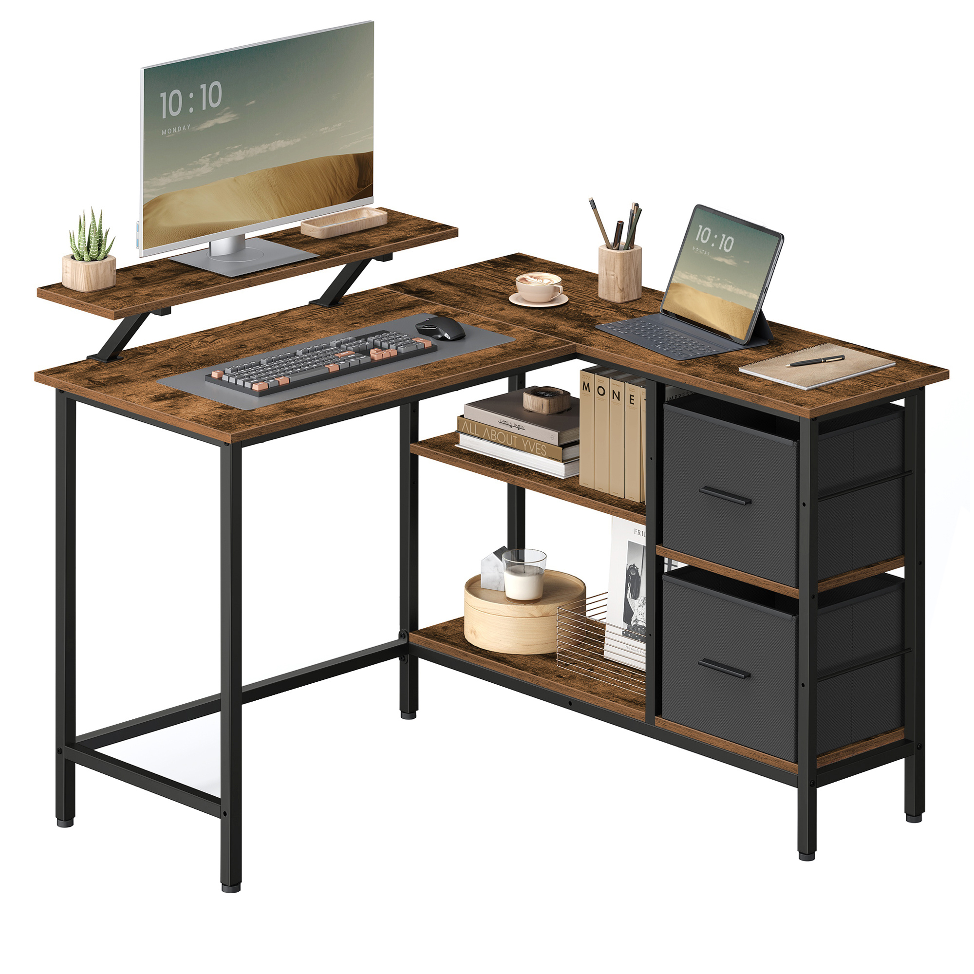 E-shop L-förmiges Schreibtisch mit 2 geräumigen Schubladen Gaming Schreibtisch mit Monitor-Ständer Eck Schreibtisch Computer Schreibtisch mit