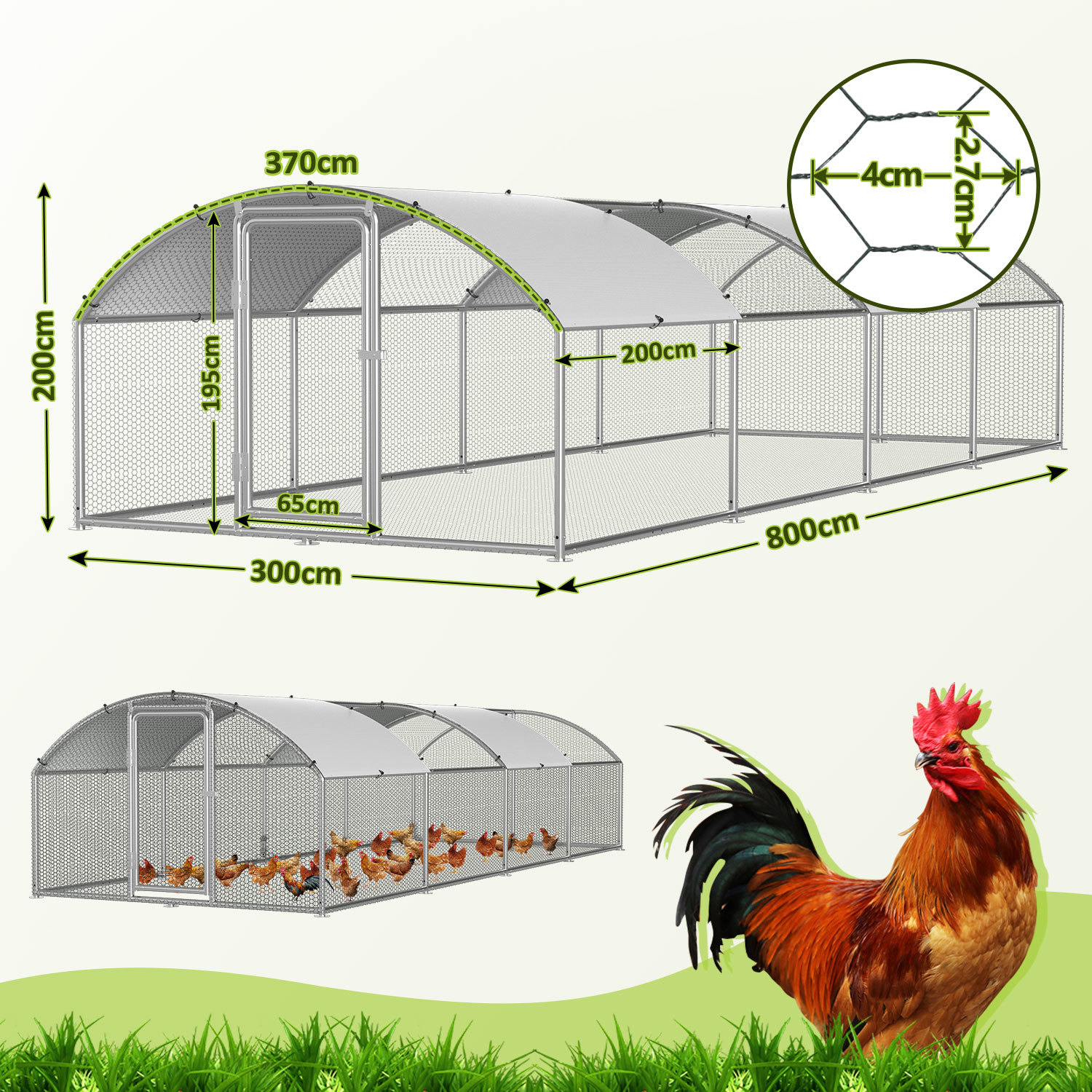 Dome Chicken Coop Set, Chicken Coop With Outdoor Run And Chicken Cages, Chicken House And Small Animal Hutch For Chickens And Small Animals, Small Animal Enclosure With Netting, 3x2x2m/3x6x2m/3x8x2m
