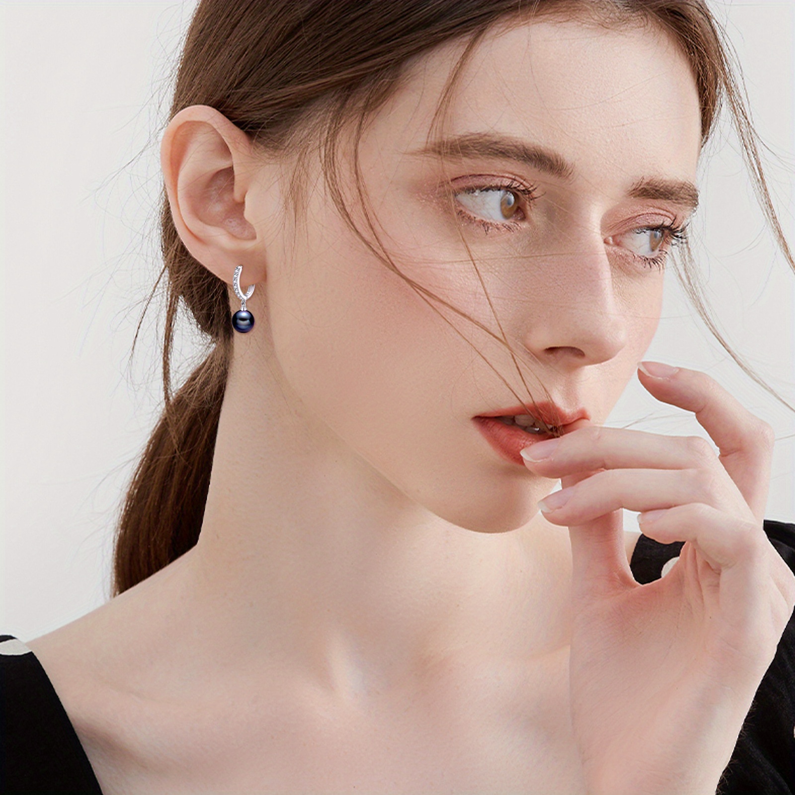 925 sterling   synthetic pearl hoop earrings dangle drop jewelry gifts for women black synthetic pearl cz Product details 4