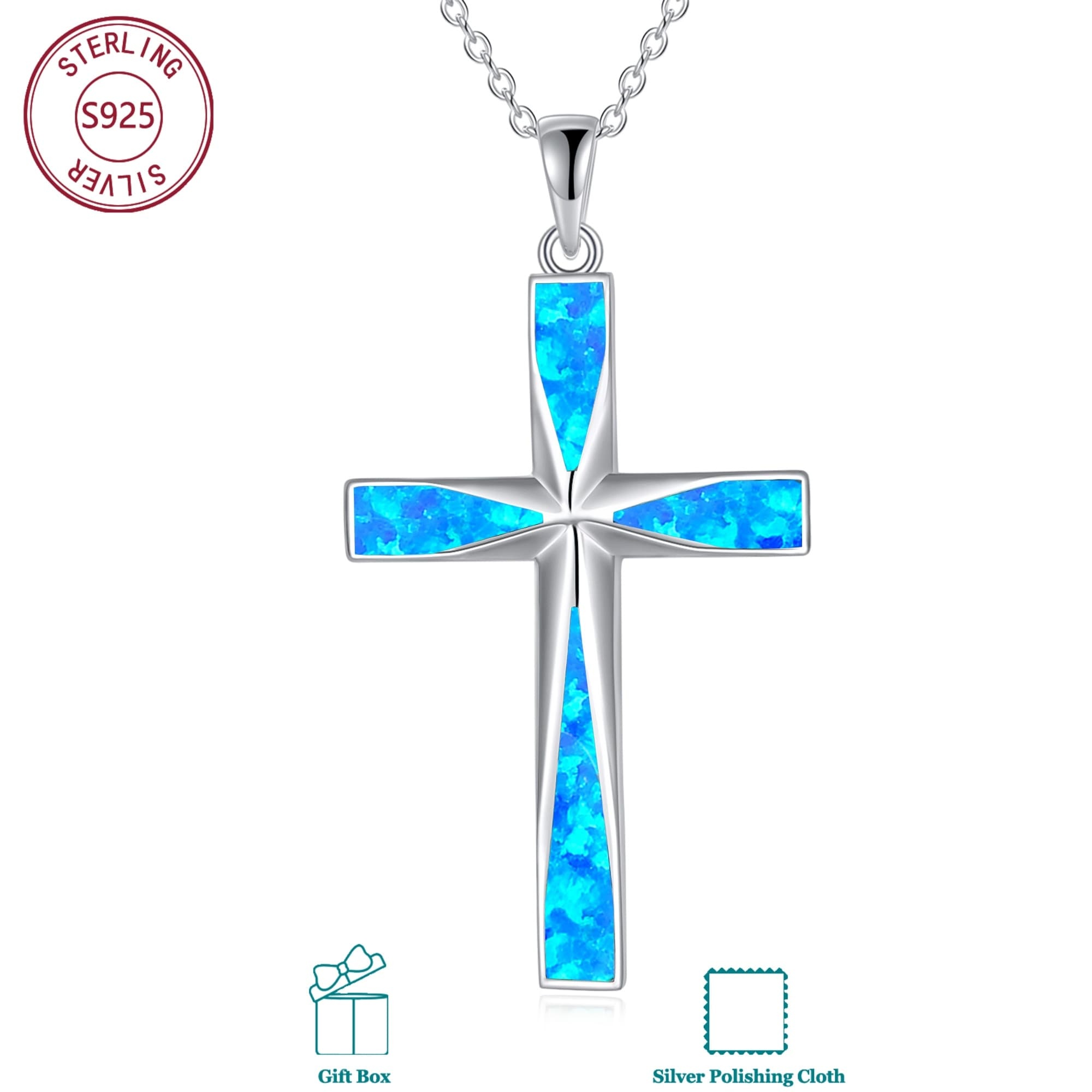Image of 925 Sterling Silvery Synthetic Opal Cross Necklace For Everyday Men And Women; Birthday Gifts; Christmas Gifts; Meaningful Gifts; Gifts For
