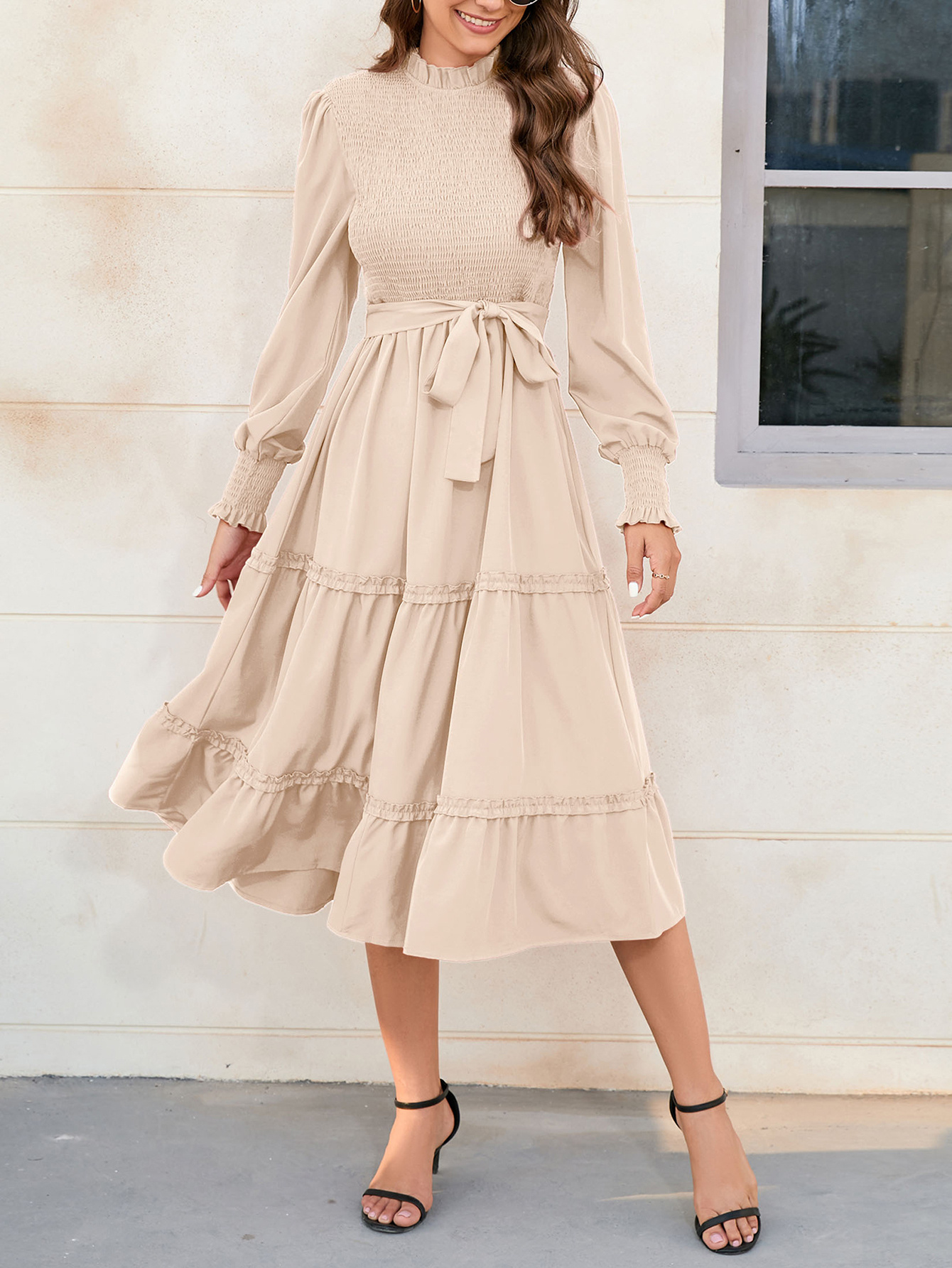 elegant women's ruffle midi dress long sleeve mock neck - Temu