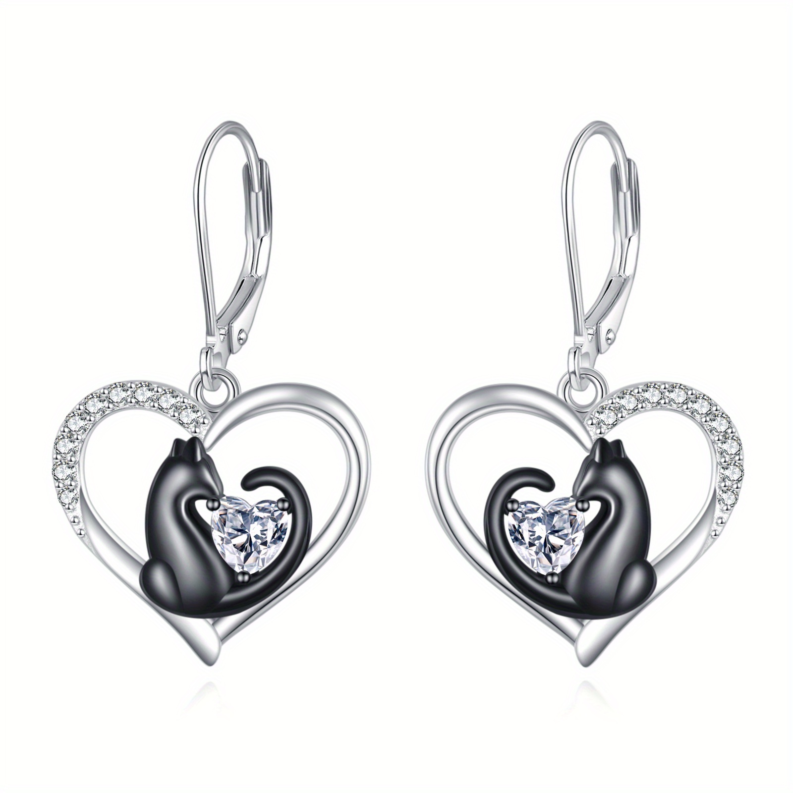 Image of Sterling Cat Earrings For Women Dangle Heart Cat Leverback Earrings Jewelry Birthday Christmas Gifts For Mom Mother