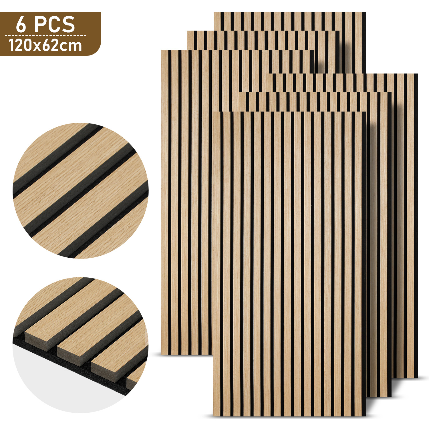 Image of Set Of 6 Acoustic Panels, Wood, 120 X 60cm, 21mm Thick, Made Of Mdf And Pet Felt, Suitable For Noise Reduction In Living Rooms, Offices, And