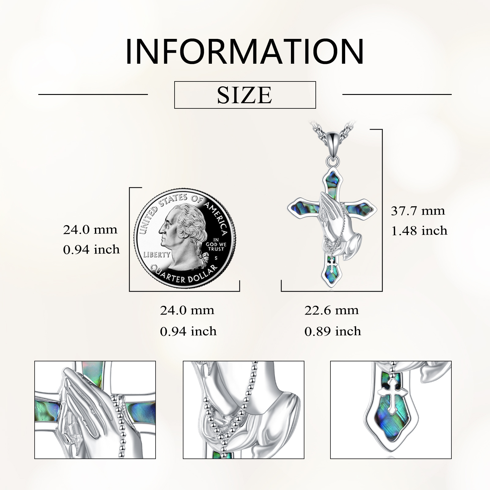 Praying Hands Cross Necklace Sterling Silver Abalone Pendant for Women