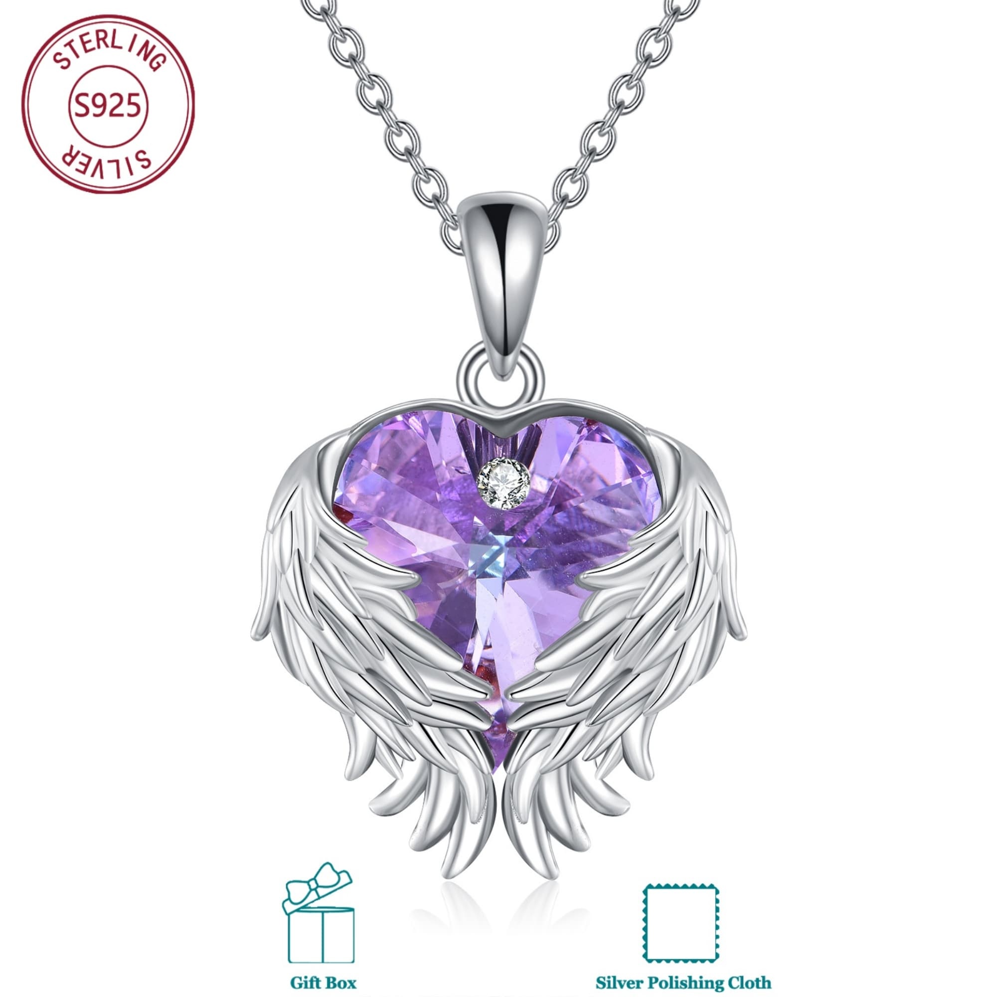Image of 925 Sterling Silver Wings Heart Crystal Necklace With Synthetic Zirconia, Guardian Romantic Heart, Ideal For Valentine's Day & Wear, Unisex Hypoallergenic