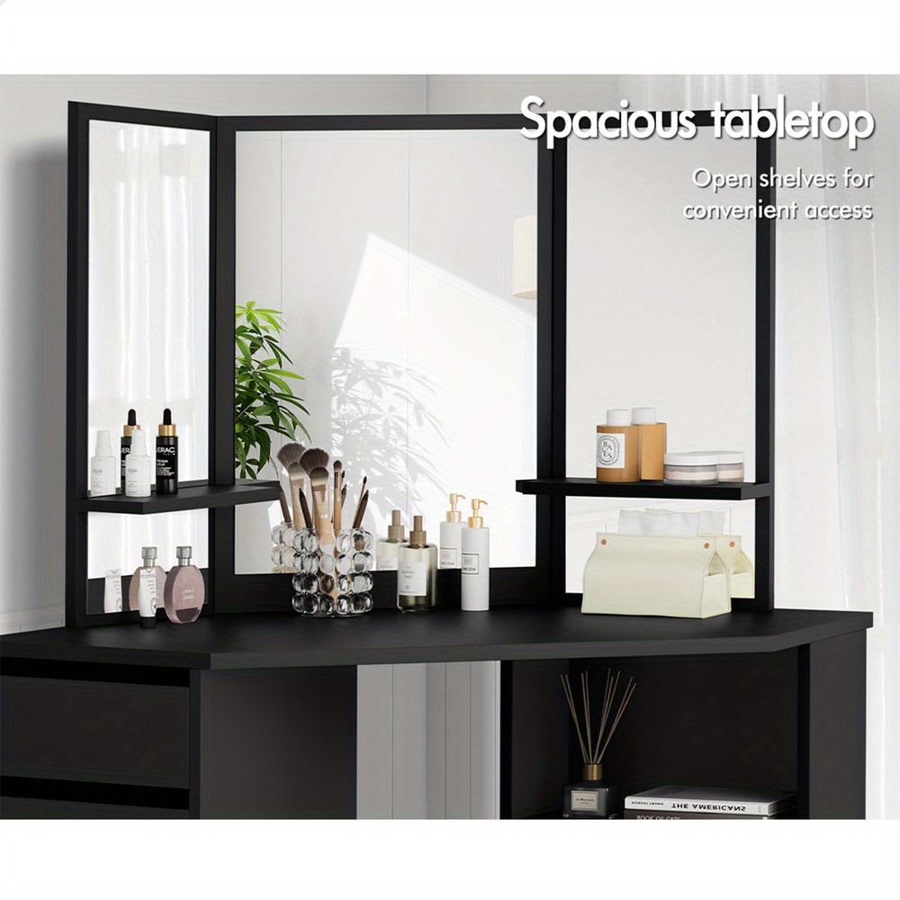 modern vanity desk set with tri fold   adjustable height stool hardwood construction   storage Product details 4