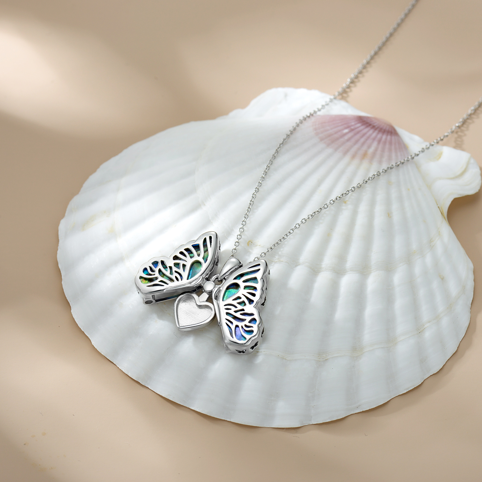 925 Sterling Silver Butterfly Photo Locket with Synthetic Abalone Shell
