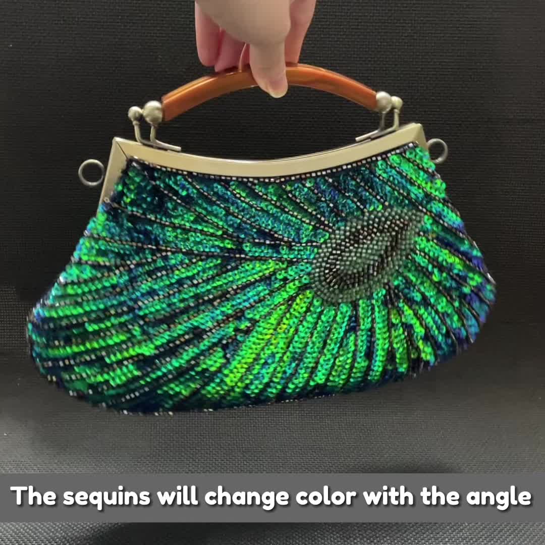 Vintage Sequin Peacock Clutch Bag, Antique Beaded Evening Handbag