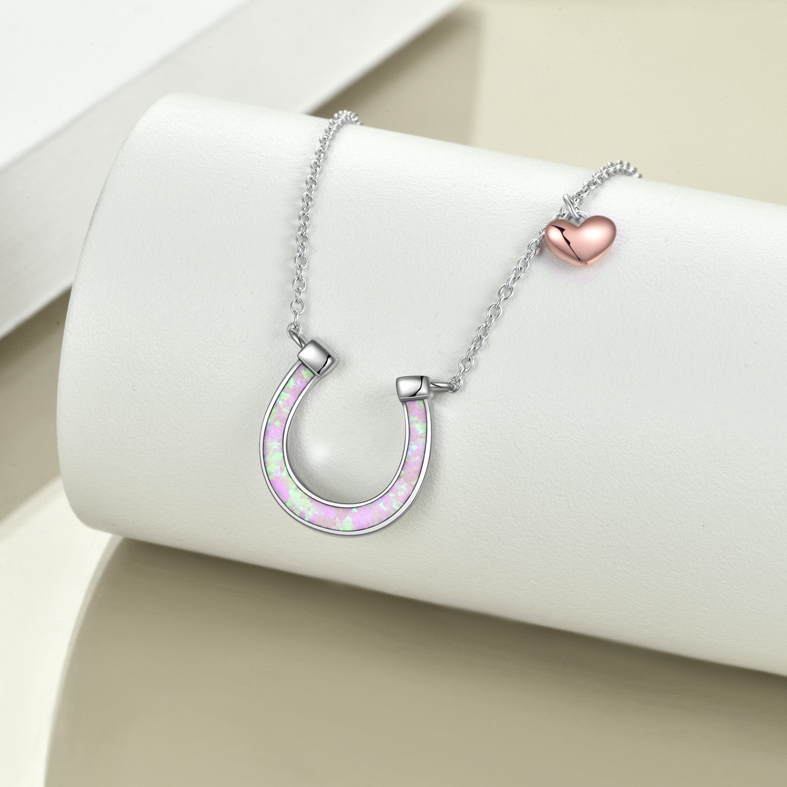 Sterling Silver Horseshoe Necklace with Opal Pendant