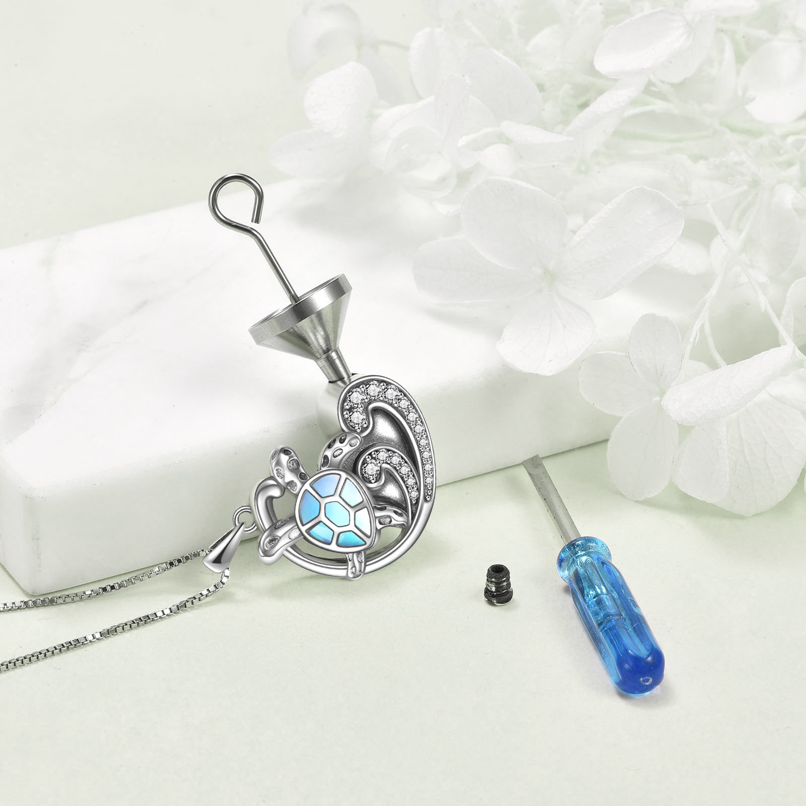 Moonstone Sea Turtle Urn Necklace for Ashes, Sterling Silver