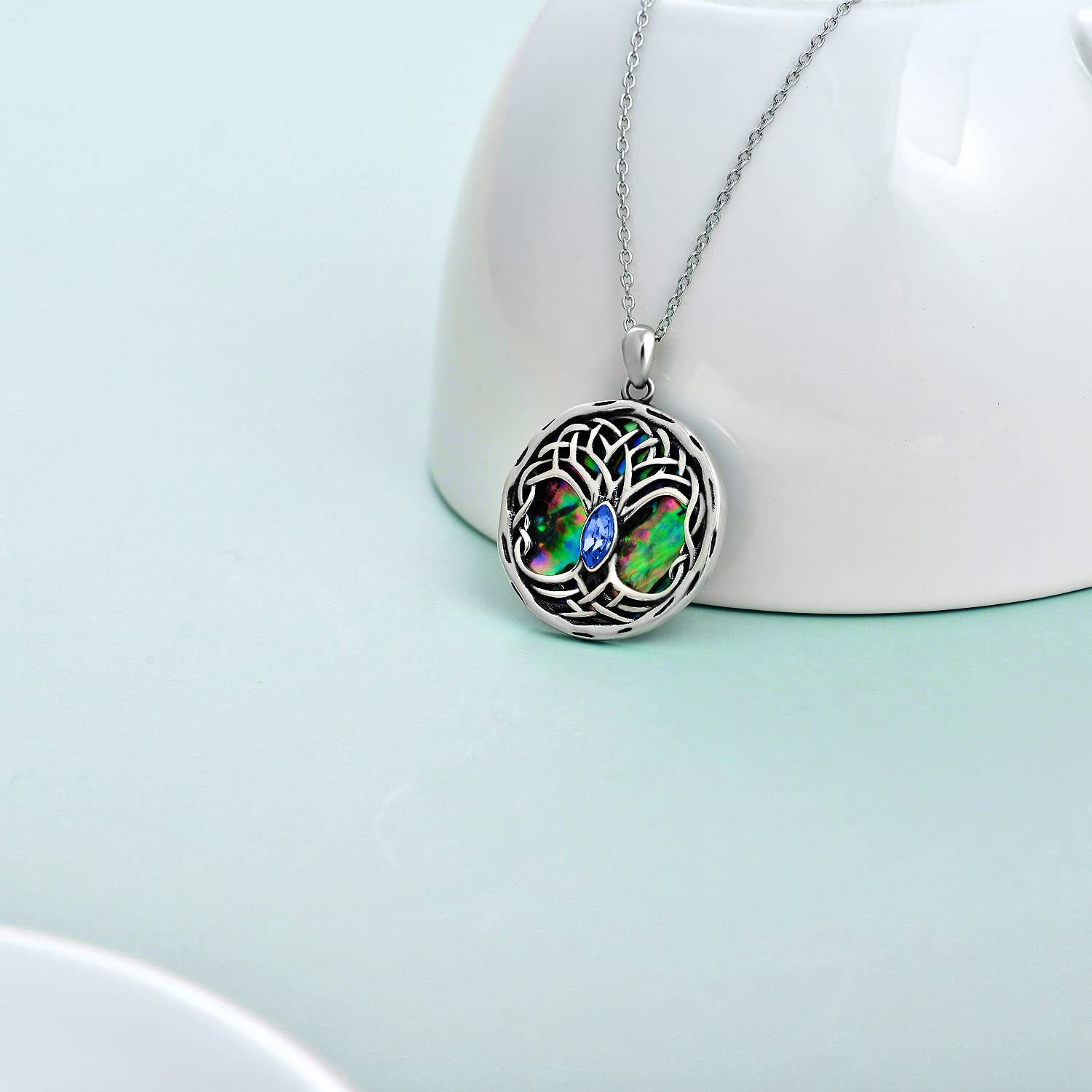 Women's Sterling Silver Celtic Tree of Life Necklace, Simulated Sapphire