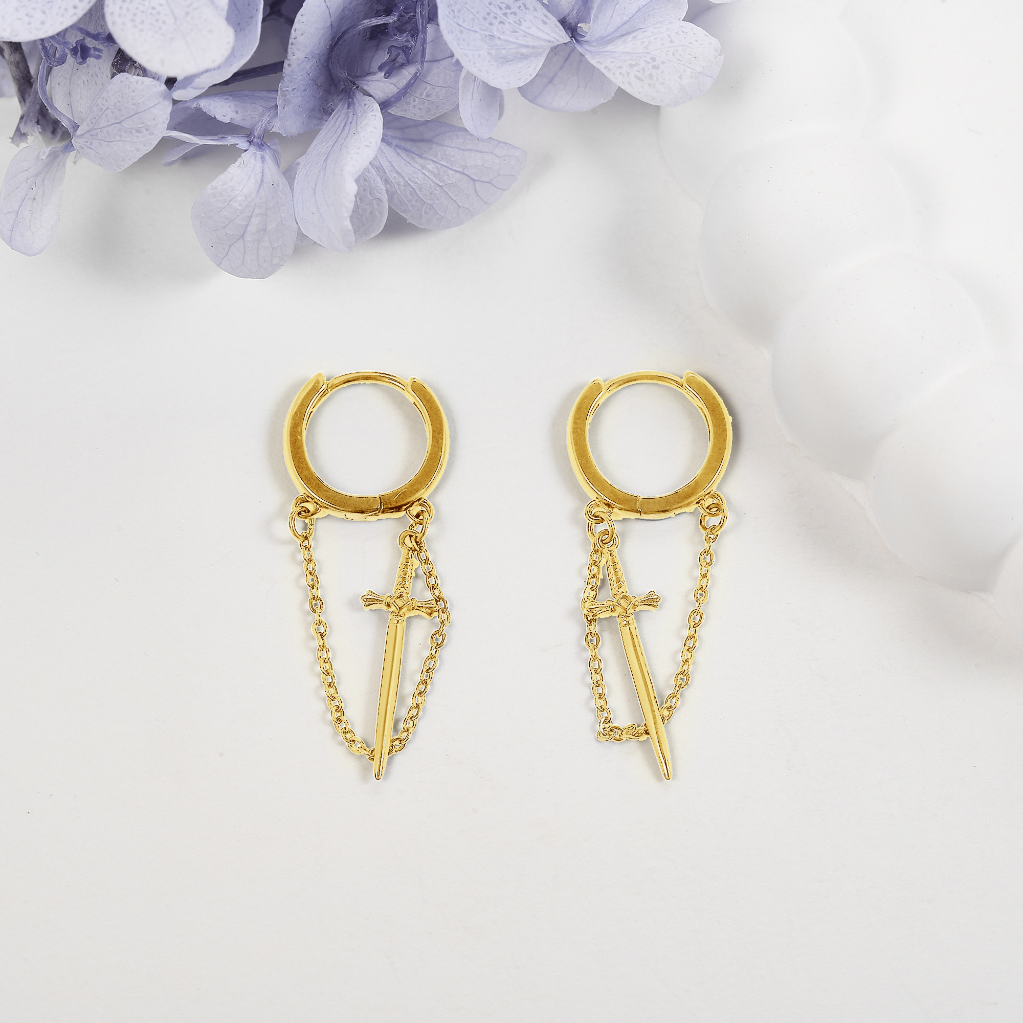 Men's 925 Sterling Silver Sword Earrings, 18K Golden Plated