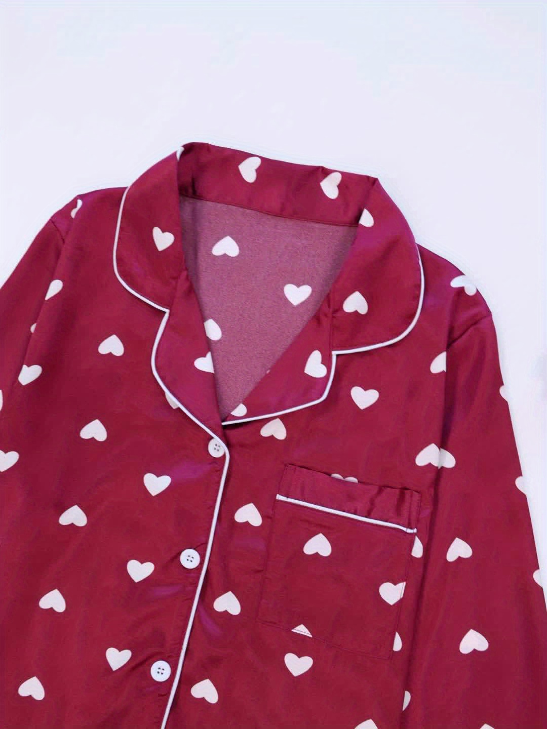 Cute Heart Pattern Comfortable Pajamas Set Red Satin Button - Temu Canada