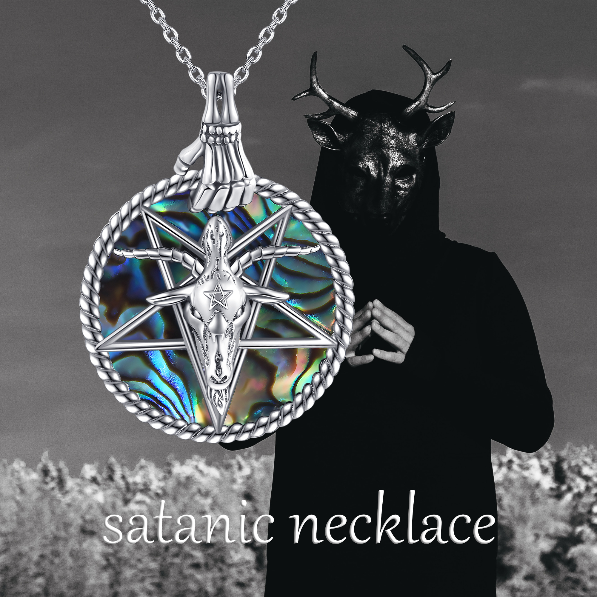 925 Sterling Silver Satanic Necklace with Abalone Shell