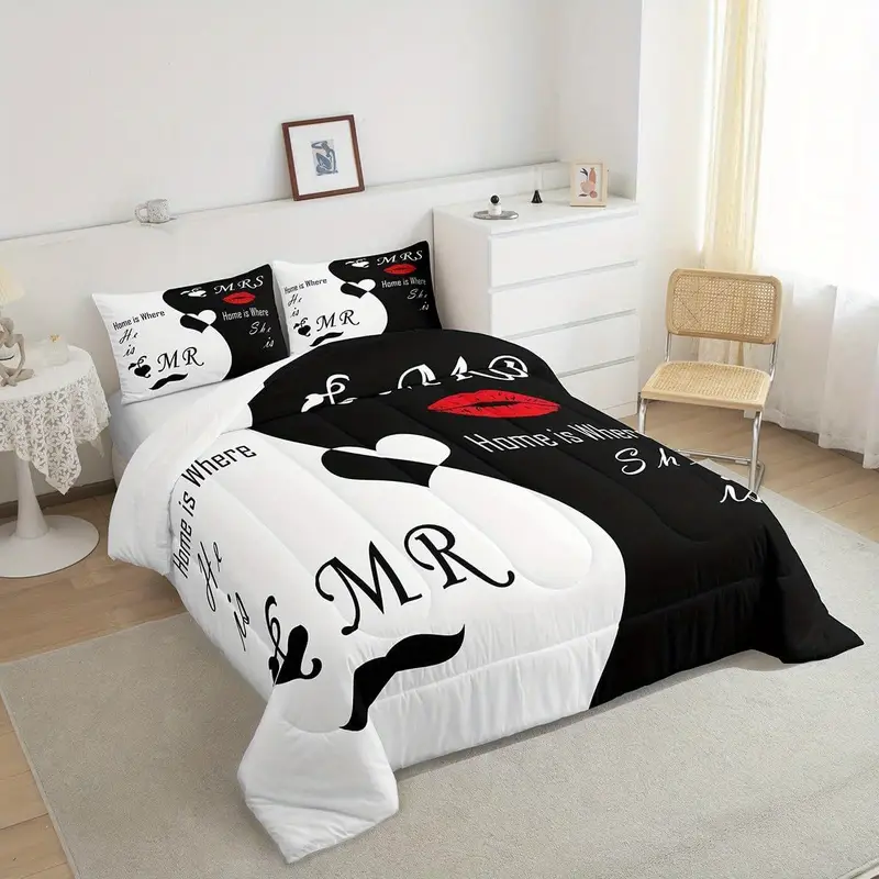 2 3pcs valentines day bedding set his and hers comforter set for women men black white comforter quilt set with 1 2 pillowcases room decor soft warm festival birthday gifts decoration ornaments Product details 4