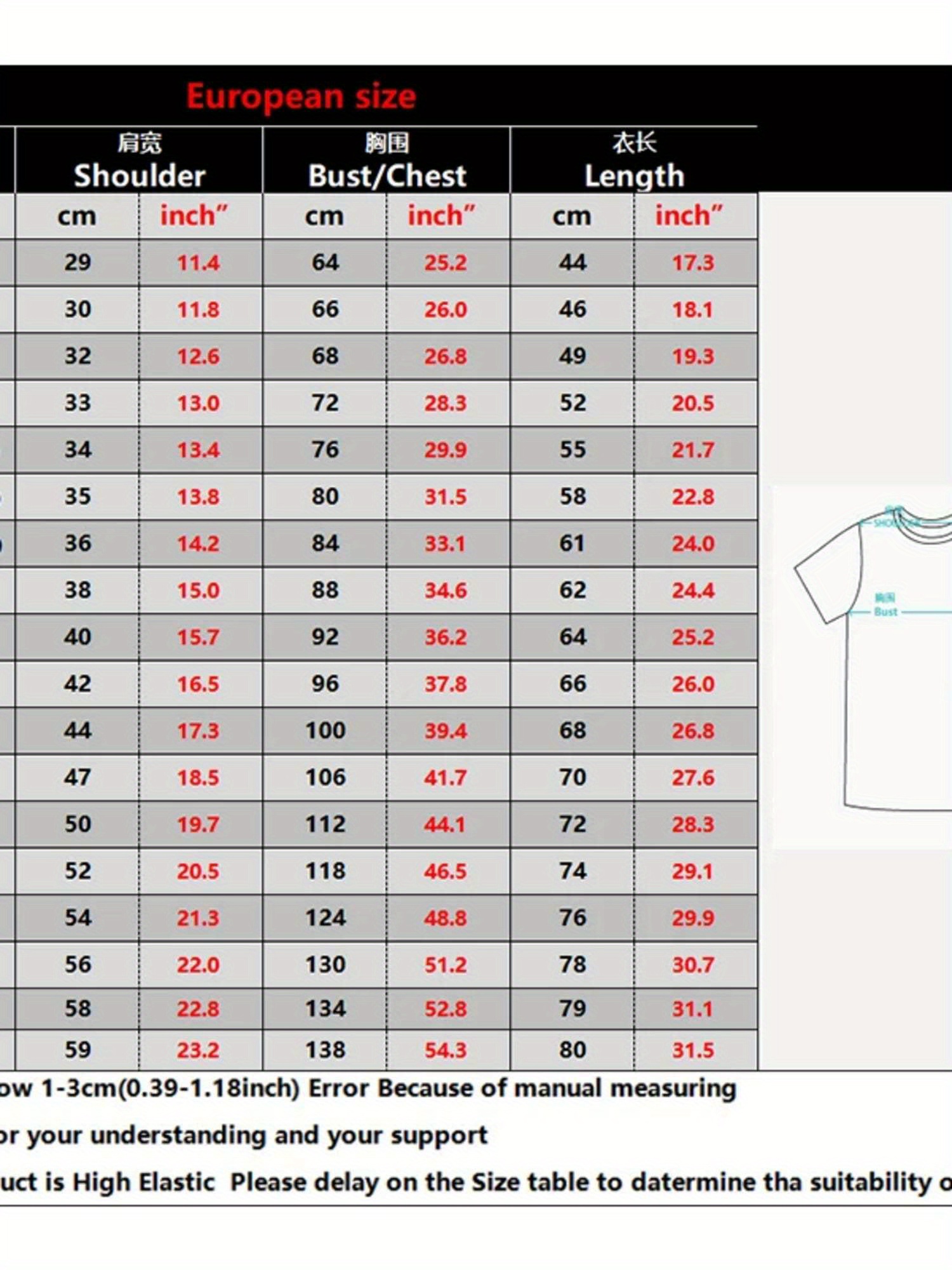 men size chart sold on Temu United States