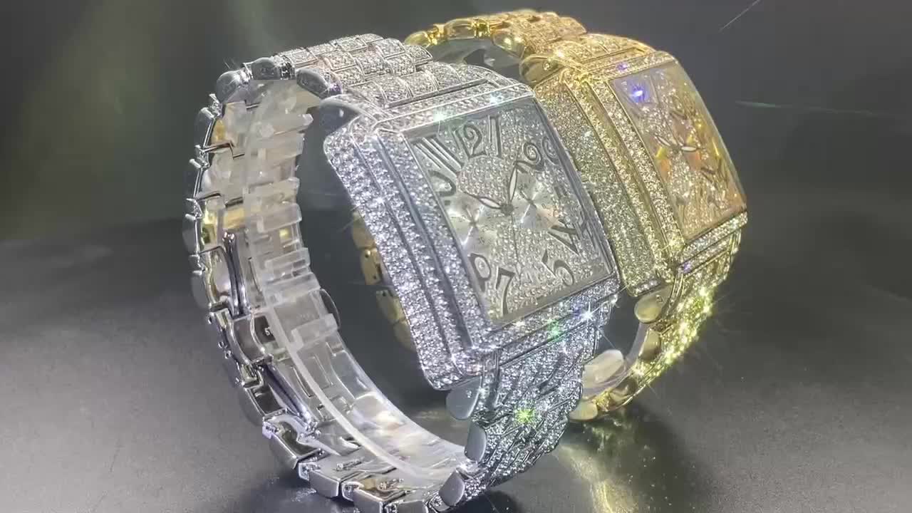 MISSFOX Men'S Luxury Hip-Hop Watch - Golden-Tone Quartz Movement with Date/Calendar, Square Dial & Roman Numeral Display, Sparkling Rhinestone Bezel, Battery-powered Formal/casual Wristwatch For Everyday & Special Events - Ideal Gift For Dad - Image 7