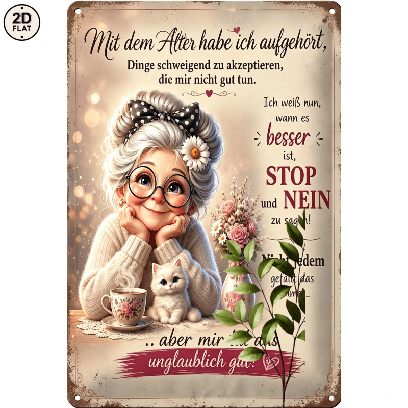 Image of 2d Flat, [2d Flat] 1pc Metal Sign. Cute Grandma With Cat And And Say No German Quote Metal Tin Sign Decor Perfect For Home, Office, Bar, Outdoor Decor 20x30cm 2d Flat, 2d Flat