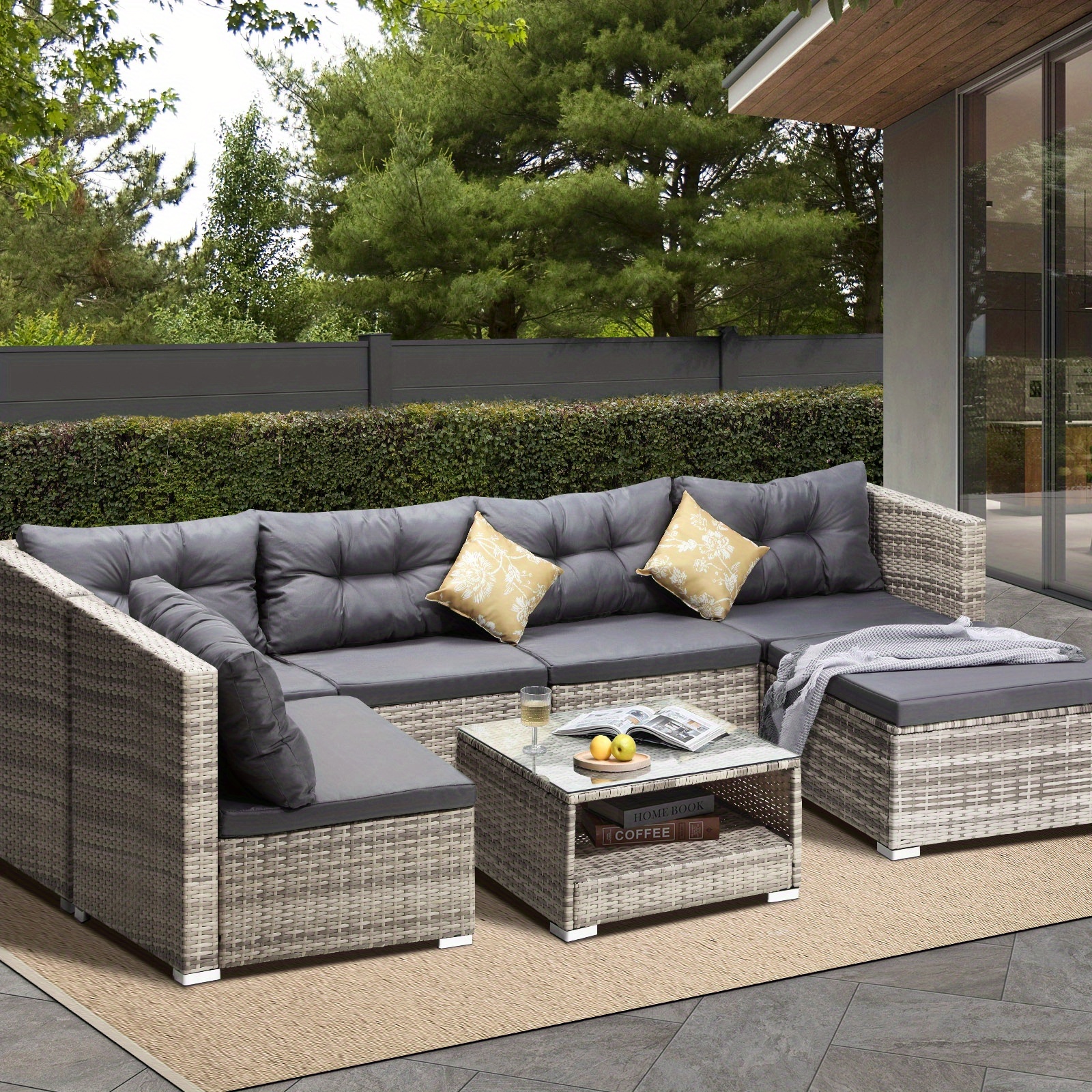 TEMU 6 Seater Outdoor Lounge Furniture Wicker Set Sofa Rattan Table Setting