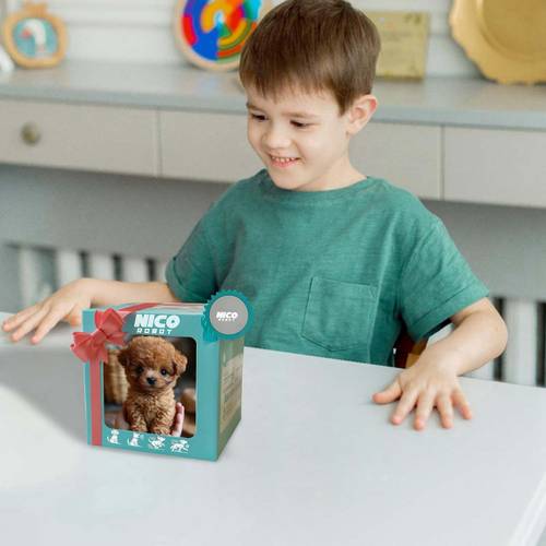 interactive programmable robotic puppy toy with realistic movements sounds light brown plush pet companion toy for motor skills development interactive dog toy packaging design detailed fur texture soft texture material