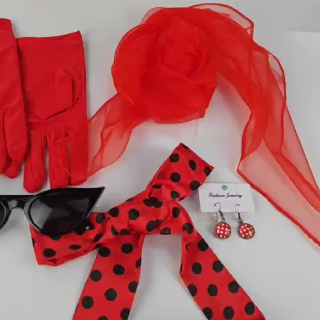 Ensemble Costume Rockabilly Femme,Années 50 Costume Accessoires, écharpe Gants Lunettes de soleil Polka Dot Bandana Boucles d'oreilles Collier Jupe Polka Dot,pour Carnaval,Fête à thème (cercle