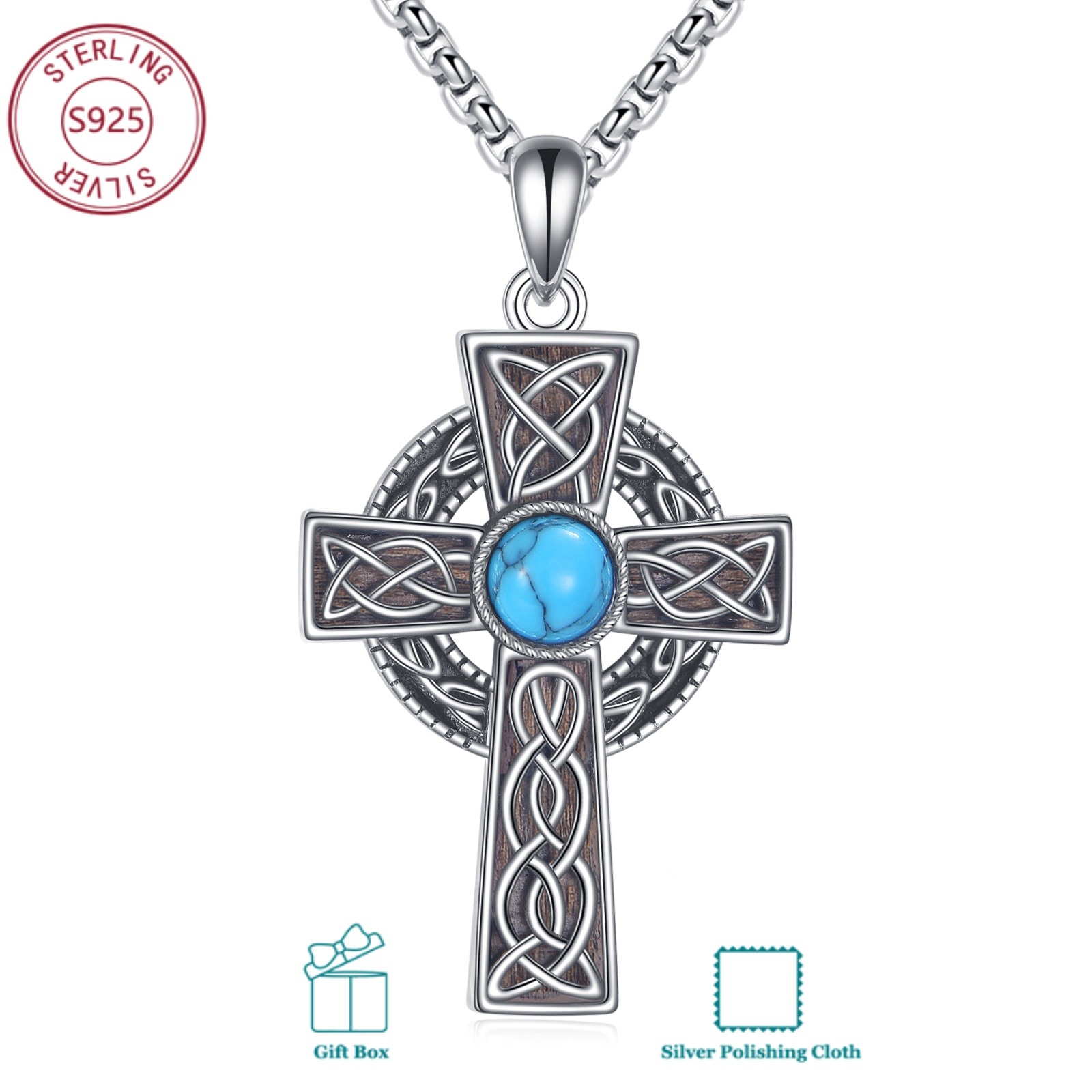 925 Sterling Silvery Wood Celtic Cross Necklace For Everyday Men And Women; Birthday Gifts; Christmas Gifts; Gifts For